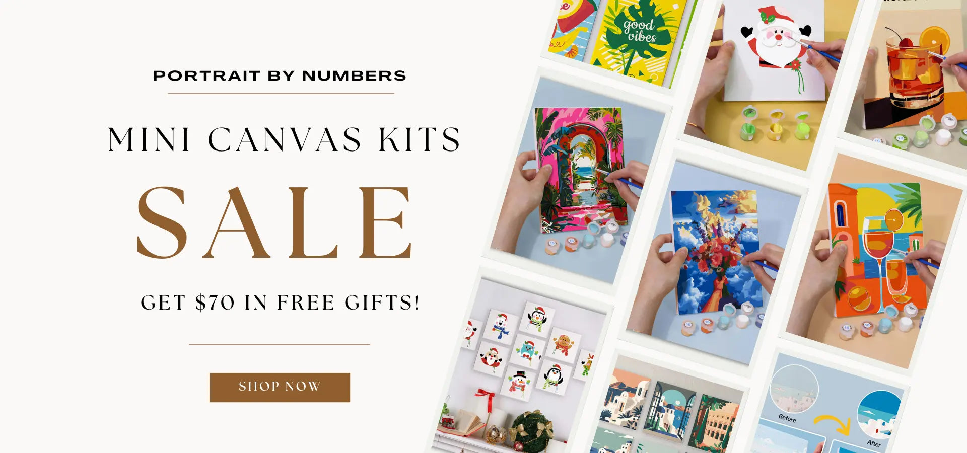 Portrait by Numbers mini canvas kits sale banner with $70 in free gifts and colorful paint-by-numbers designs.