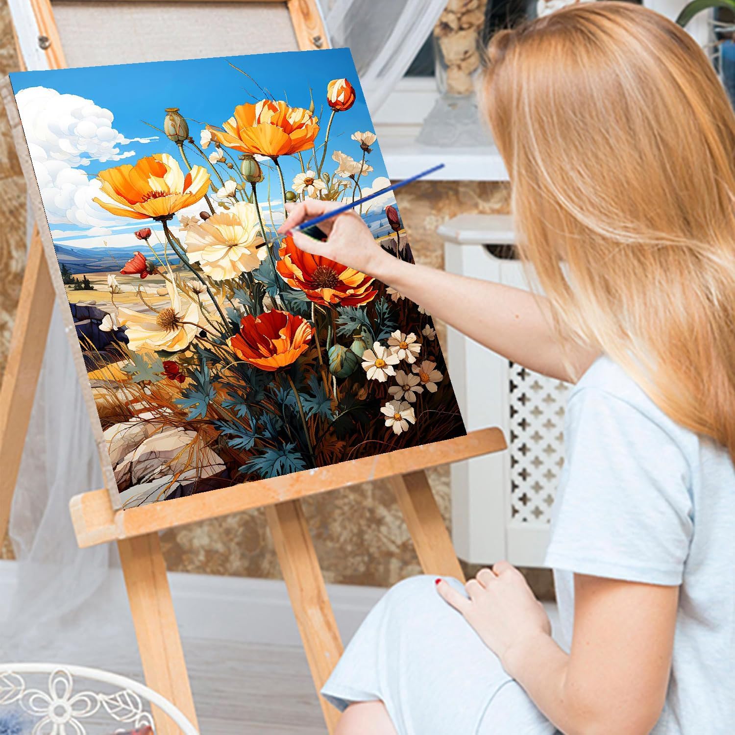 Woman painting a vibrant floral paint-by-numbers canvas on an easel, creating a calming and creative art experience.