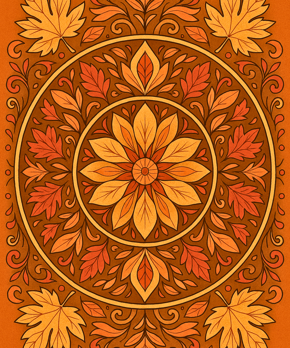 Autumn Whisper Mandala Paint by Numbers kit featuring warm autumn leaves and floral designs in golden and orange hues.