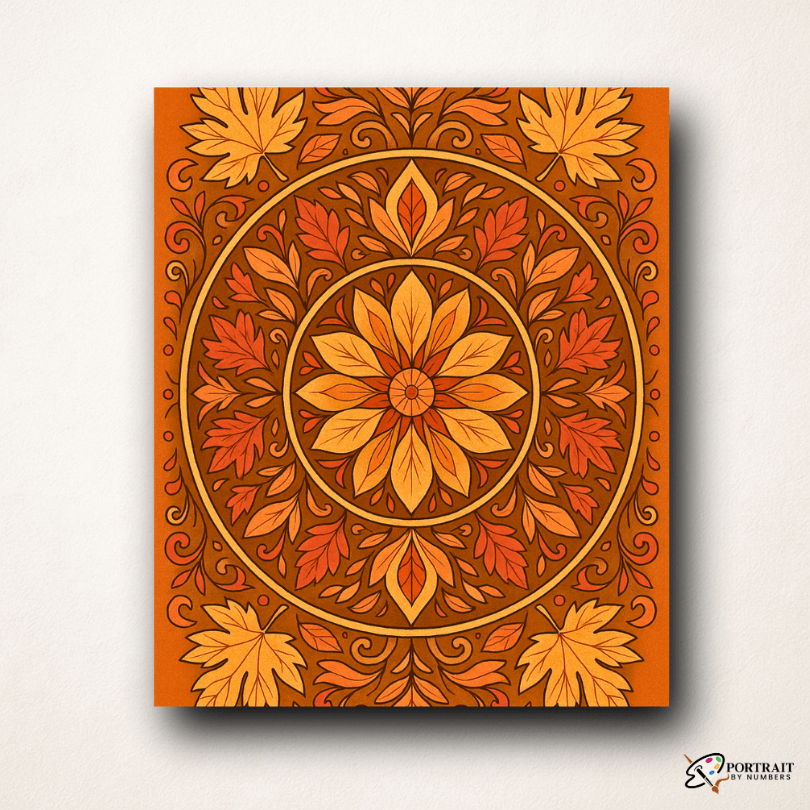 Autumn Whisper Mandala Paint by Numbers Kit featuring warm autumn colors and intricate leaf designs.