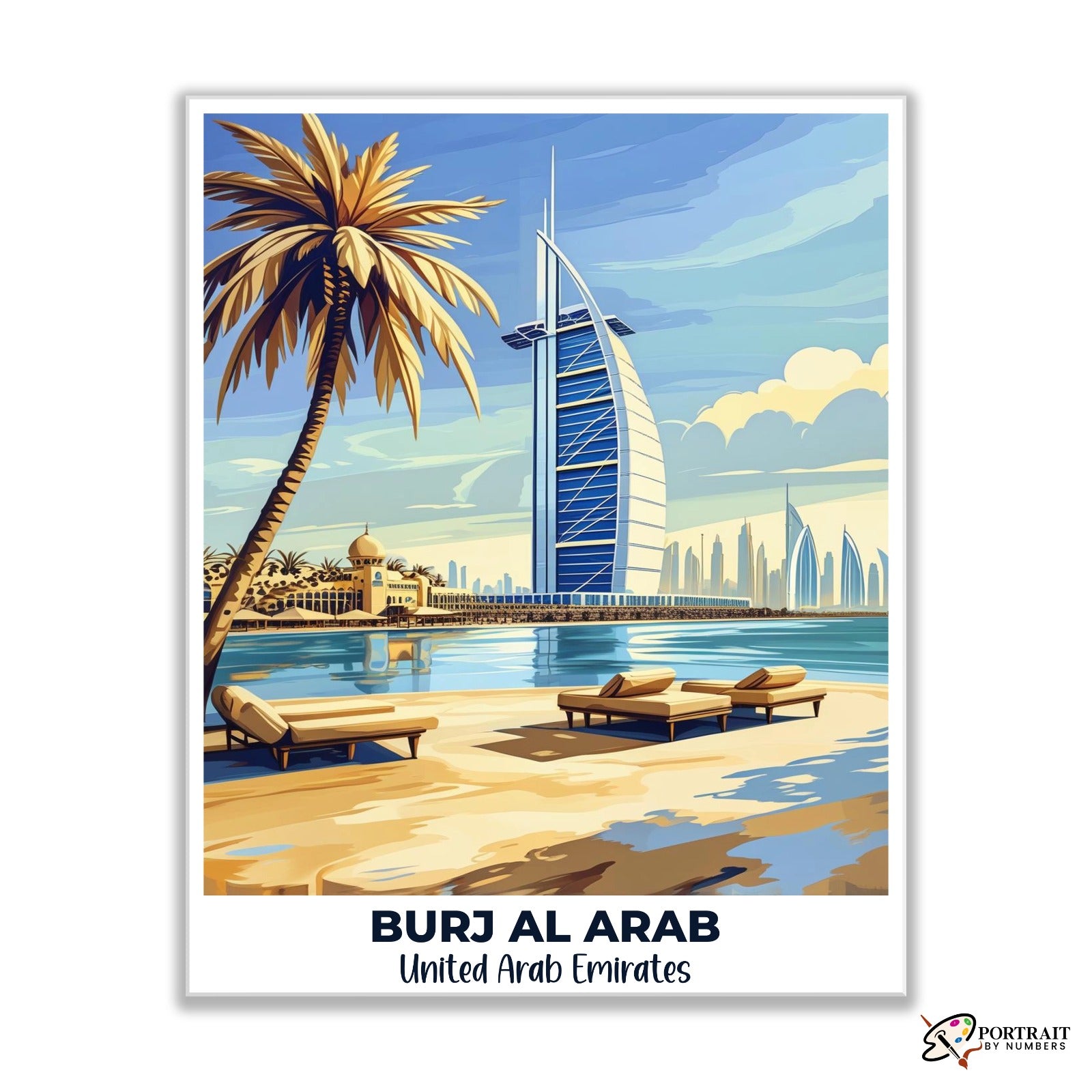 Burj Al Arab Travel Poster -  Paint by Numbers Kit for Adults -  Portrait By Numbers