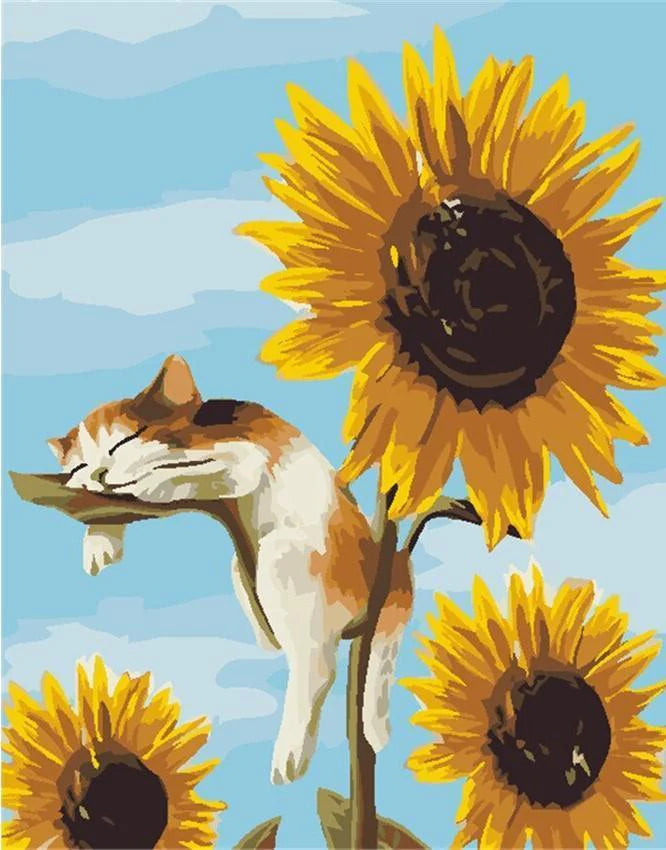Cat Sleeping on Sunflower