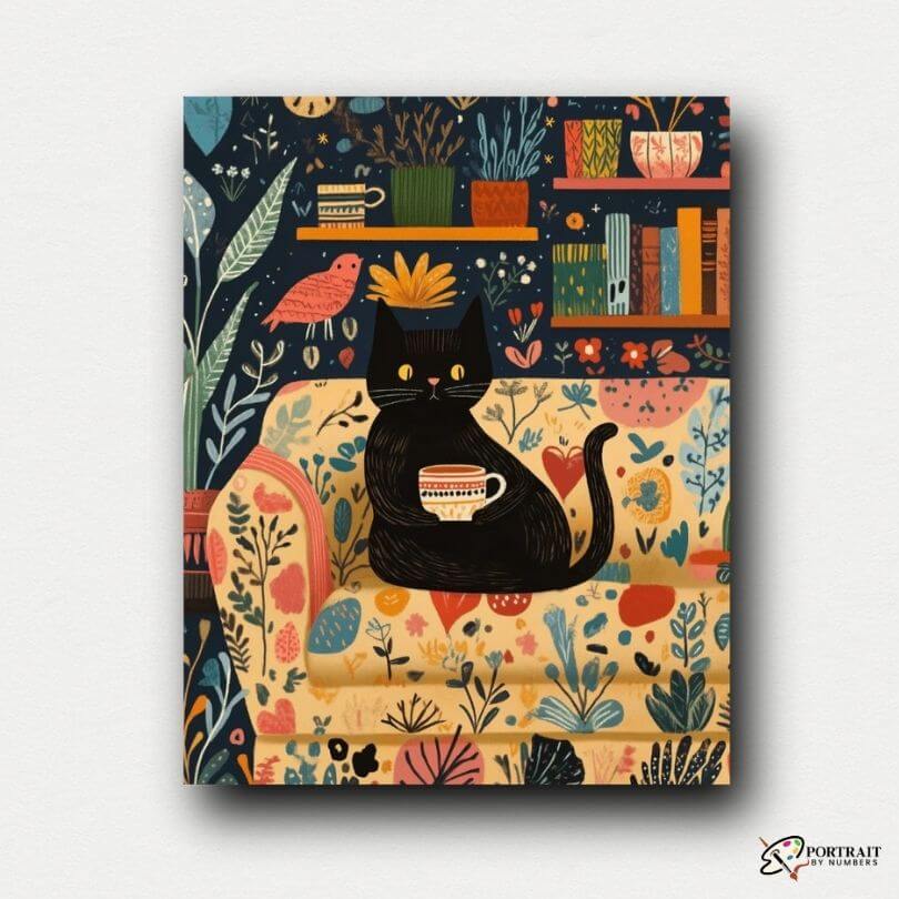 Coffee Cat -  Paint by numbers -  Portrait By Numbers