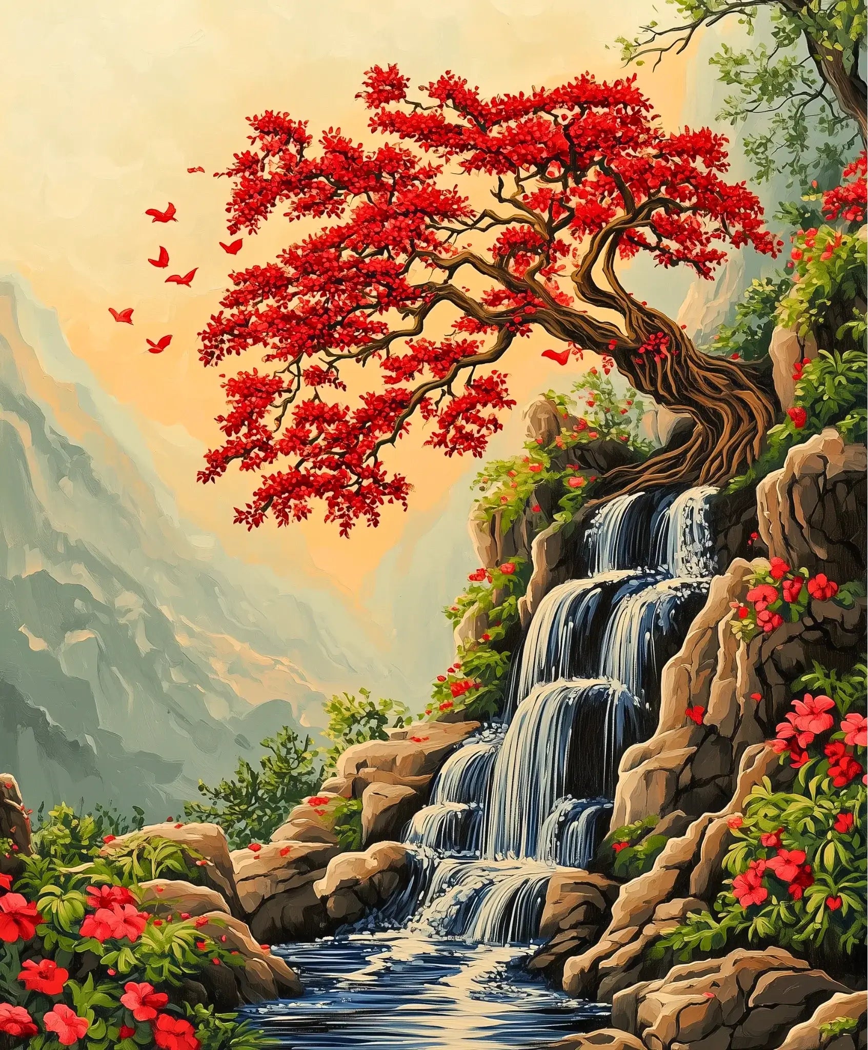 Crimson Cascade -  Paint by numbers -  Portrait By Numbers