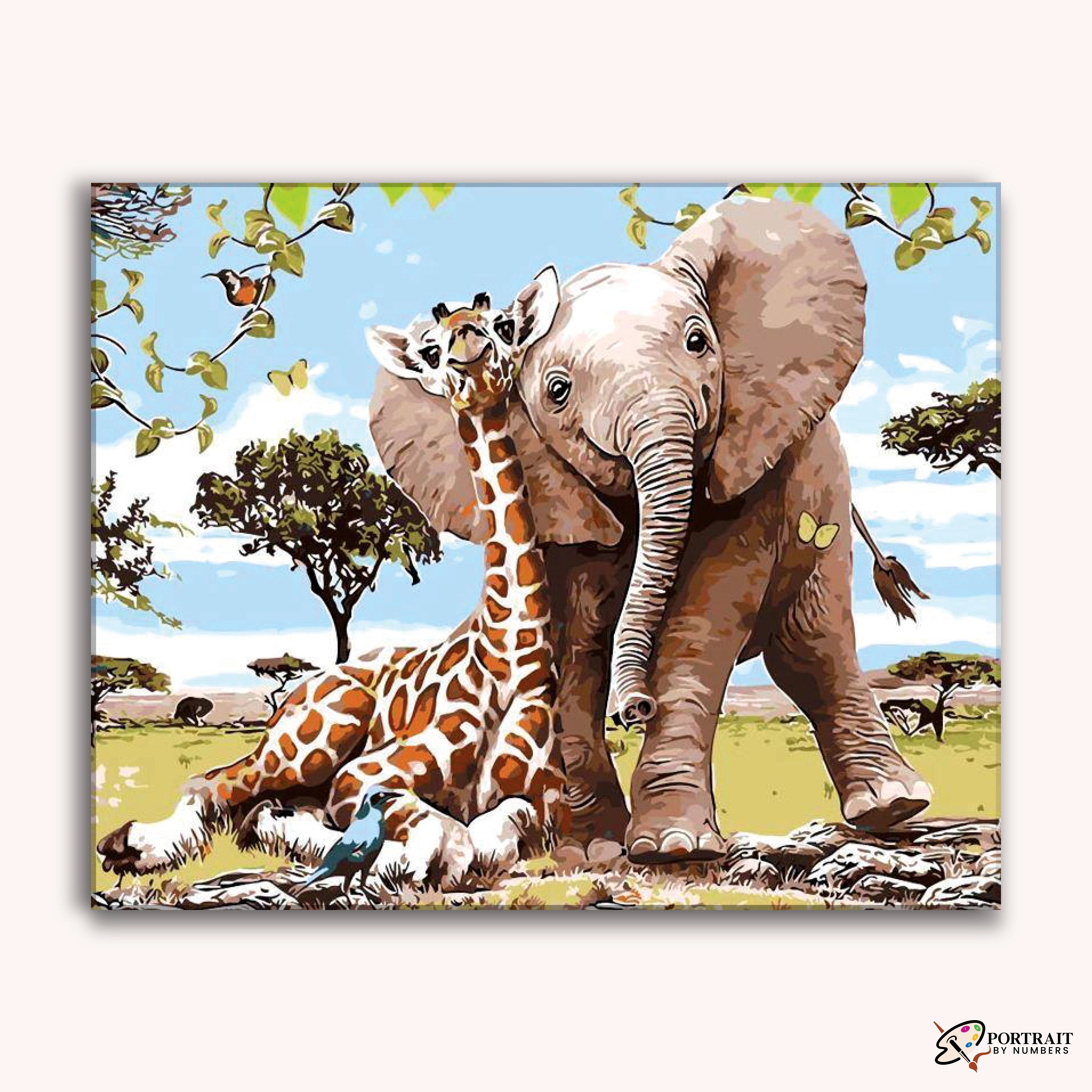 Elephant and Giraffe Safari -  Paint by Numbers Kit for Adults -  Portrait By Numbers