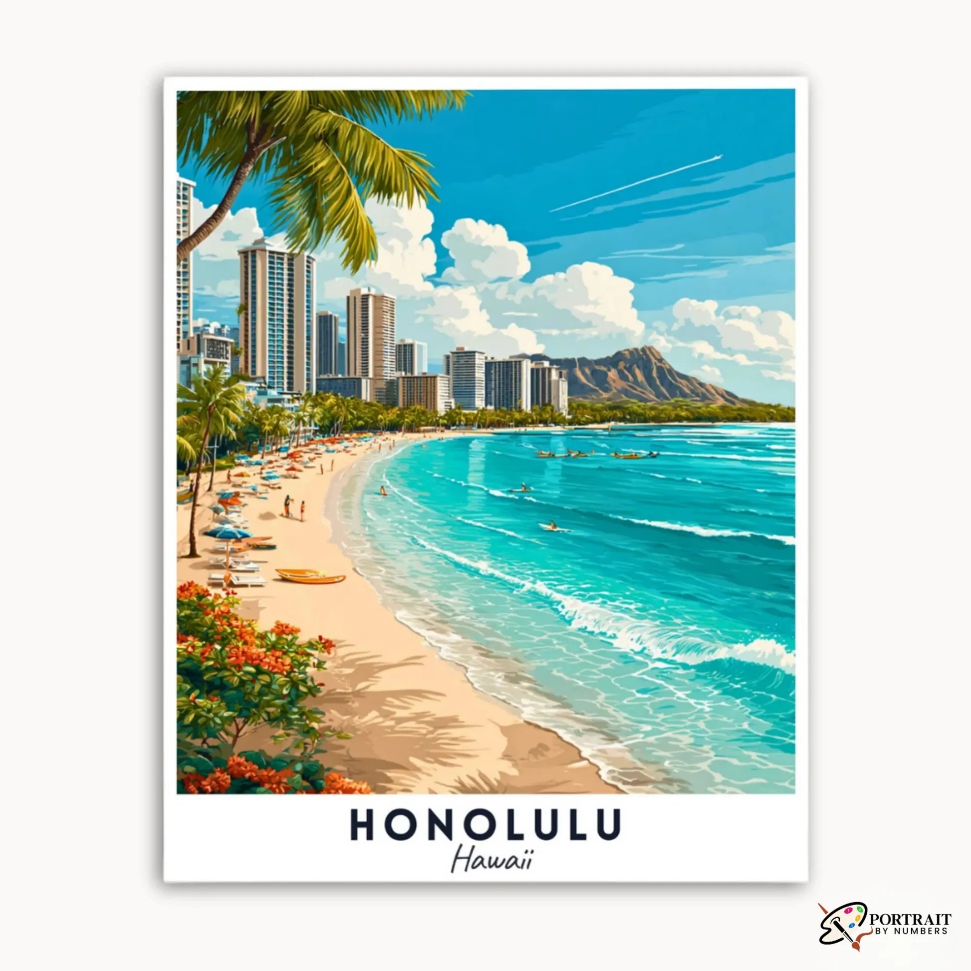Honolulu - Travel Poster -  Paint by Numbers Kit for Adults -  Portrait By Numbers