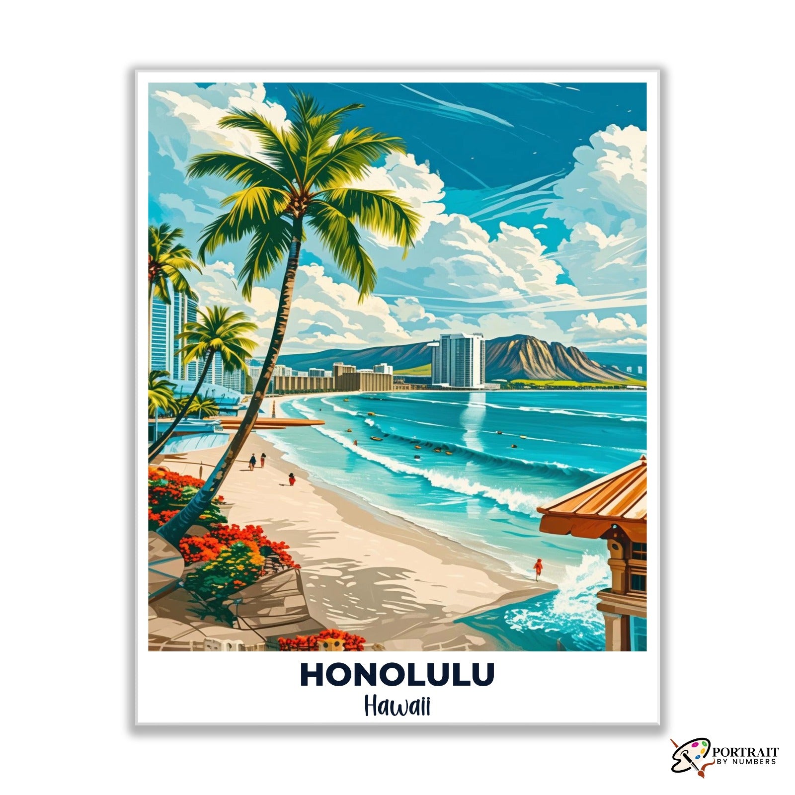 Honolulu Travel Poster -  Paint by Numbers Kit for Adults -  Portrait By Numbers