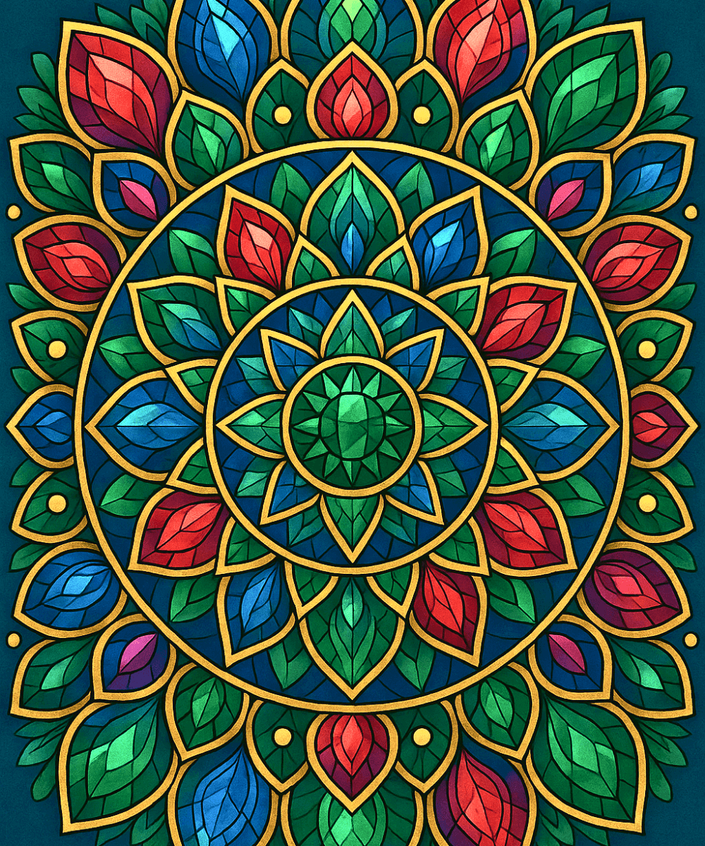 Colorful mandala pattern in jewel tones for paint by numbers kits, showcasing vibrant design and intricate details.