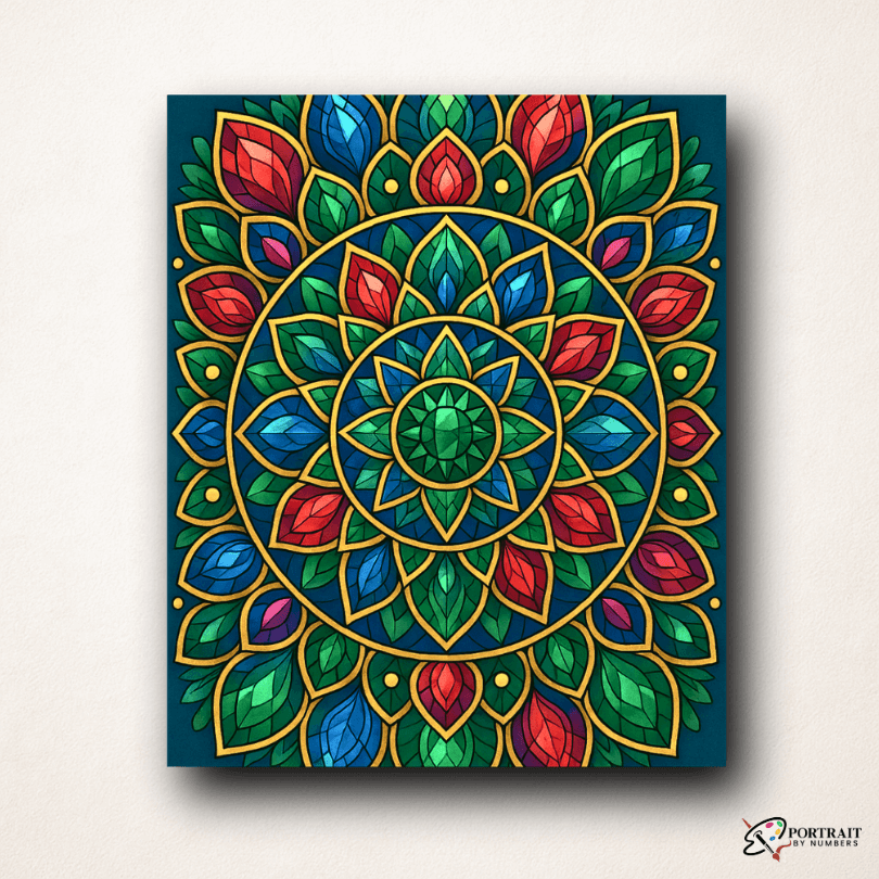 Jewel Garden mandala paint by numbers kit featuring vibrant colors and intricate patterns, perfect for all skill levels.
