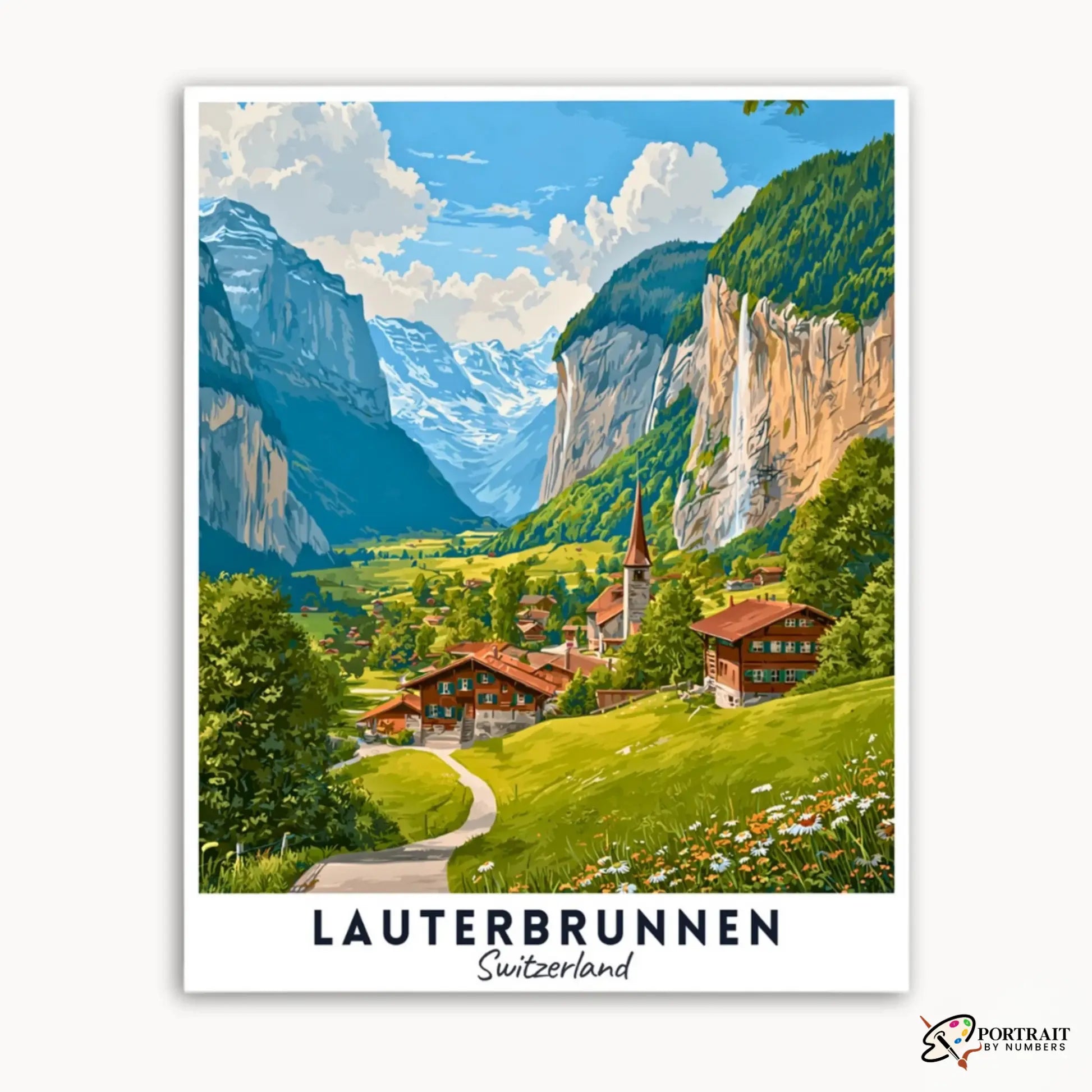 Lauterbrunnen - Travel Poster -  Paint by Numbers Kit for Adults -  Portrait By Numbers