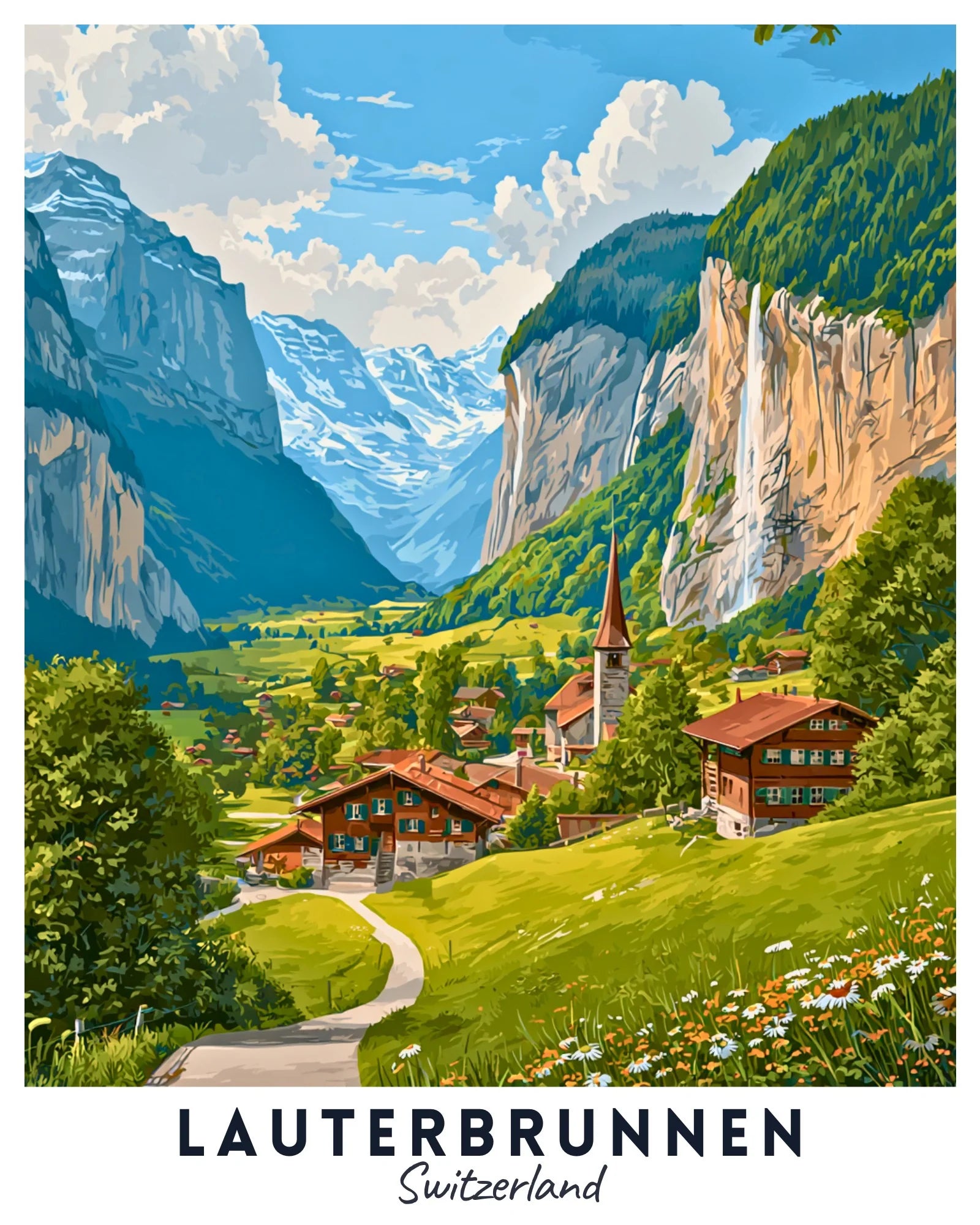 Lauterbrunnen - Travel Poster -  Paint by Numbers Kit for Adults -  Portrait By Numbers