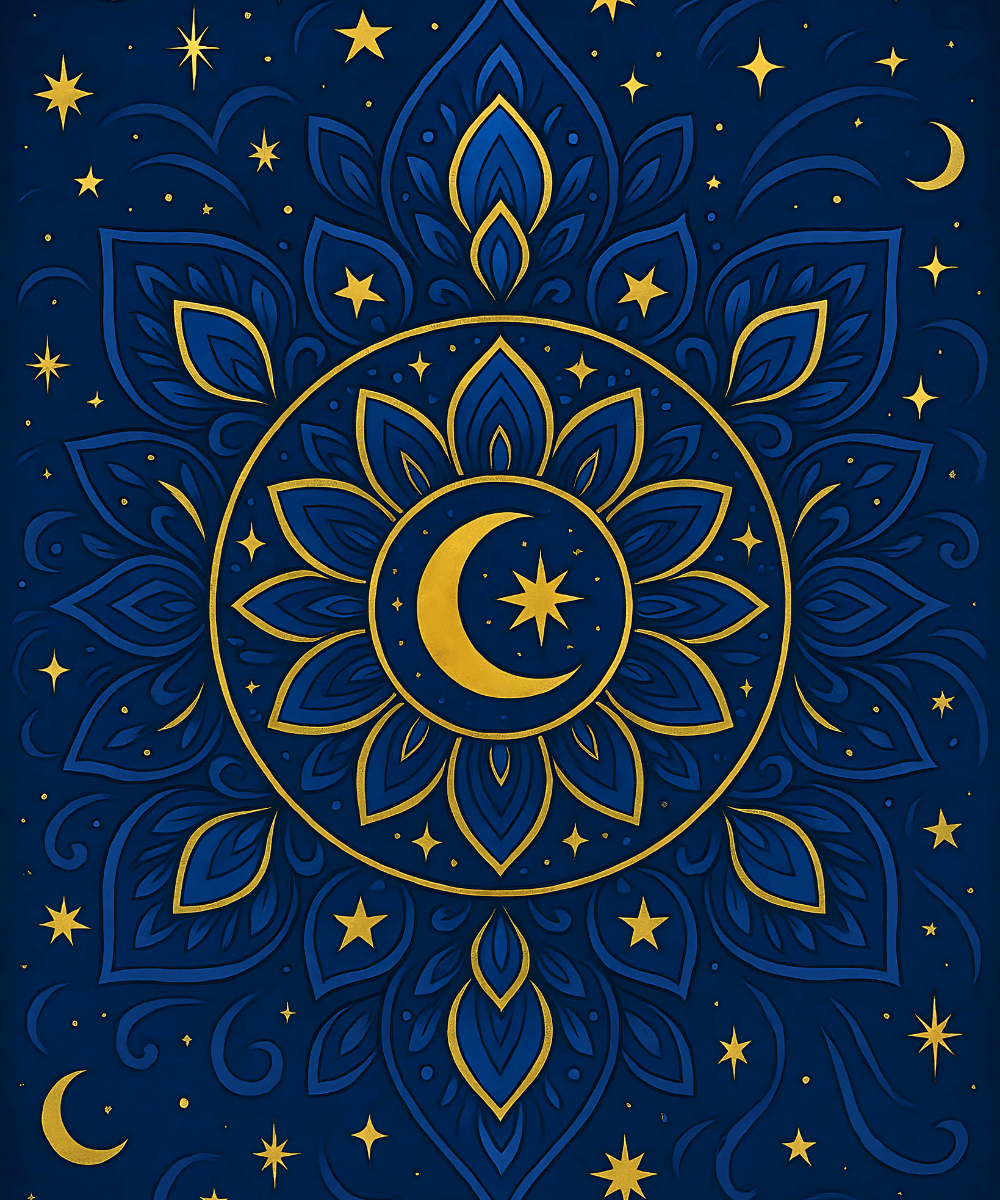 Lunar Bloom Mandala Paint by Numbers Kit with moon and stars in deep blue and gold, perfect for artistic relaxation.
