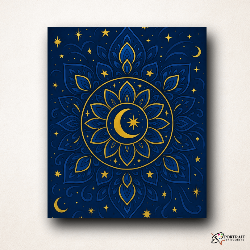 Lunar Bloom Mandala Paint by Numbers kit featuring a moonlit design in deep blue and gold.