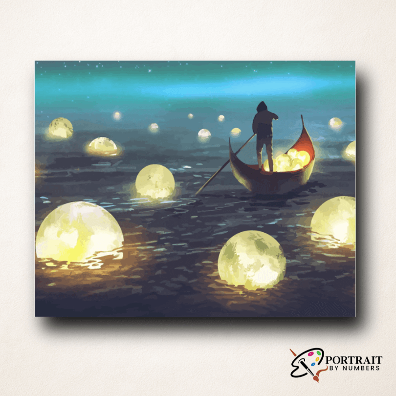 Man Rowing Among Glowing Moons