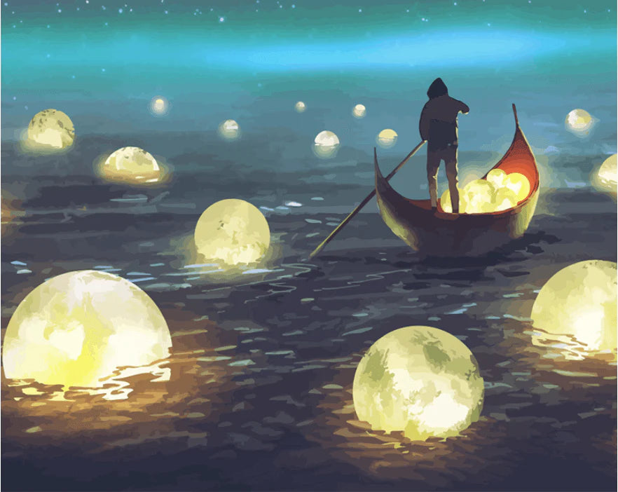 Man Rowing Among Glowing Moons