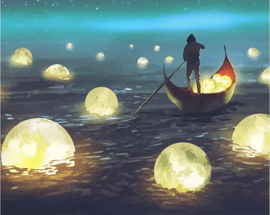 Man Rowing Among Glowing Moons