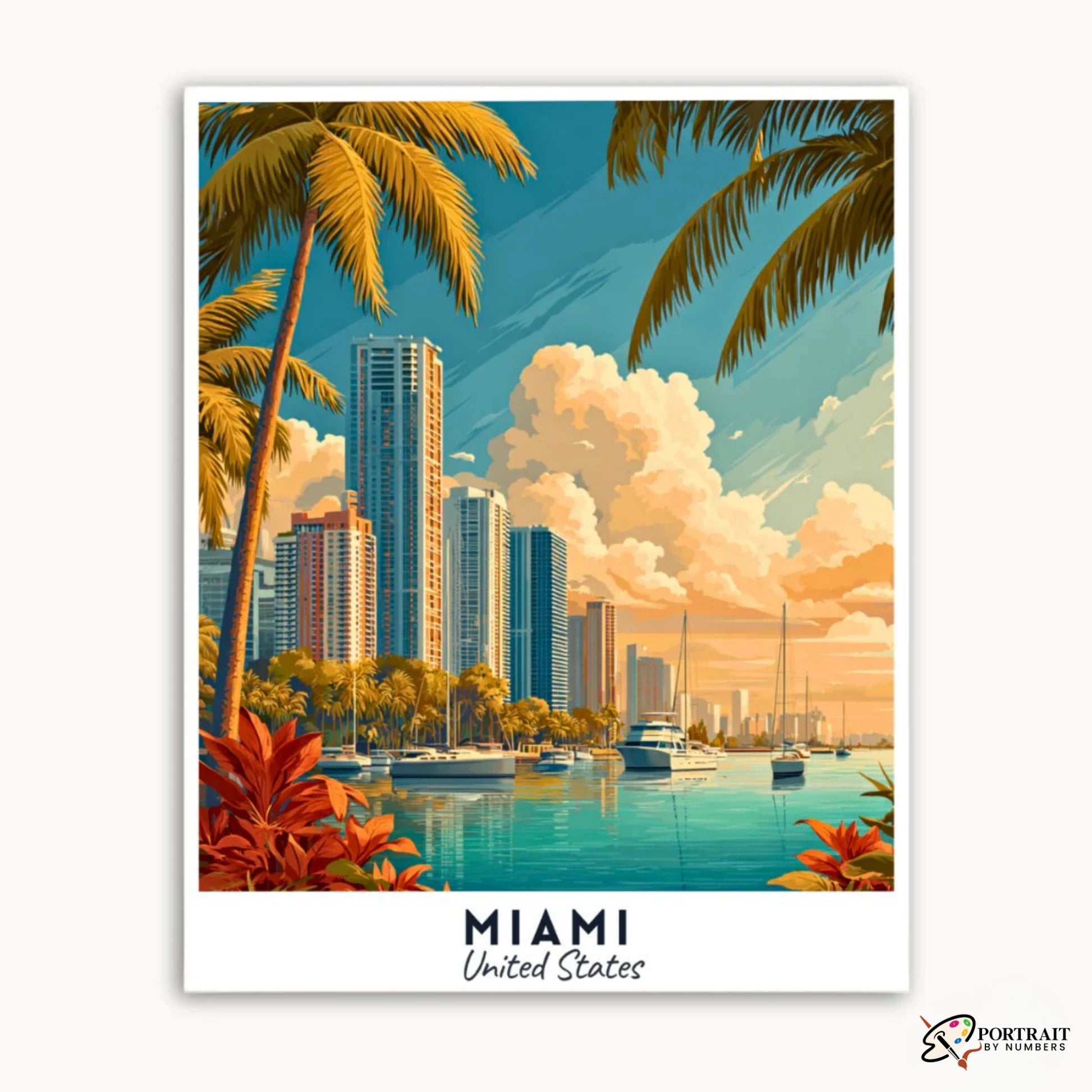 Miami - Travel Poster -  Paint by Numbers Kit for Adults -  Portrait By Numbers