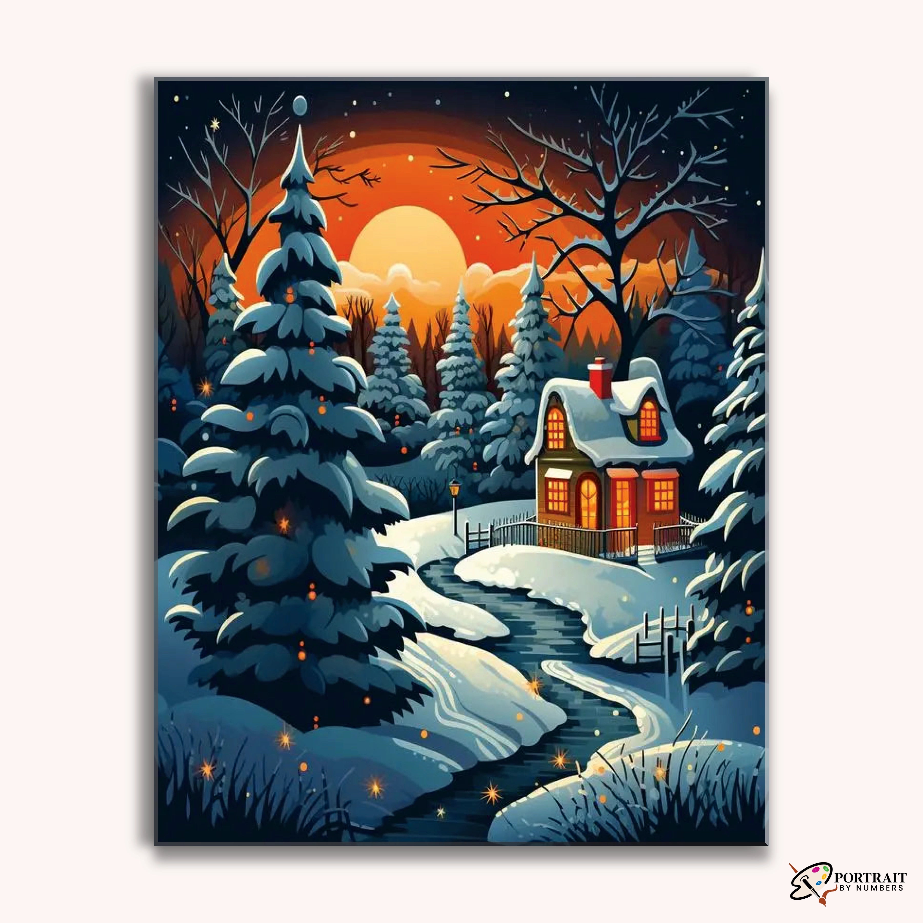 Moonlit Winter Cabin -  Paint by Numbers Kit for Adults -  Portrait By Numbers