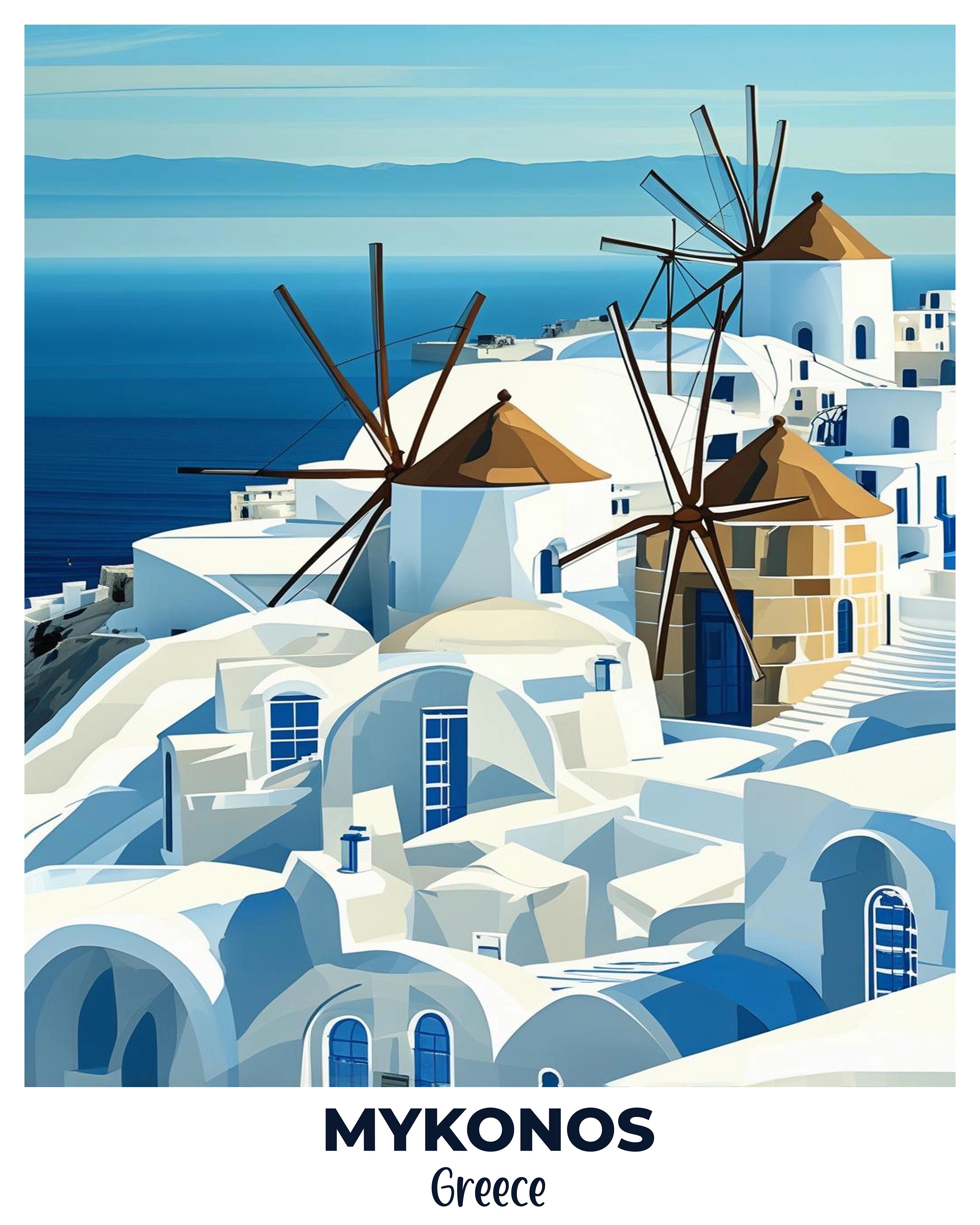 Mykonos Windmills Travel Poster -  Paint by Numbers Kit for Adults -  Portrait By Numbers