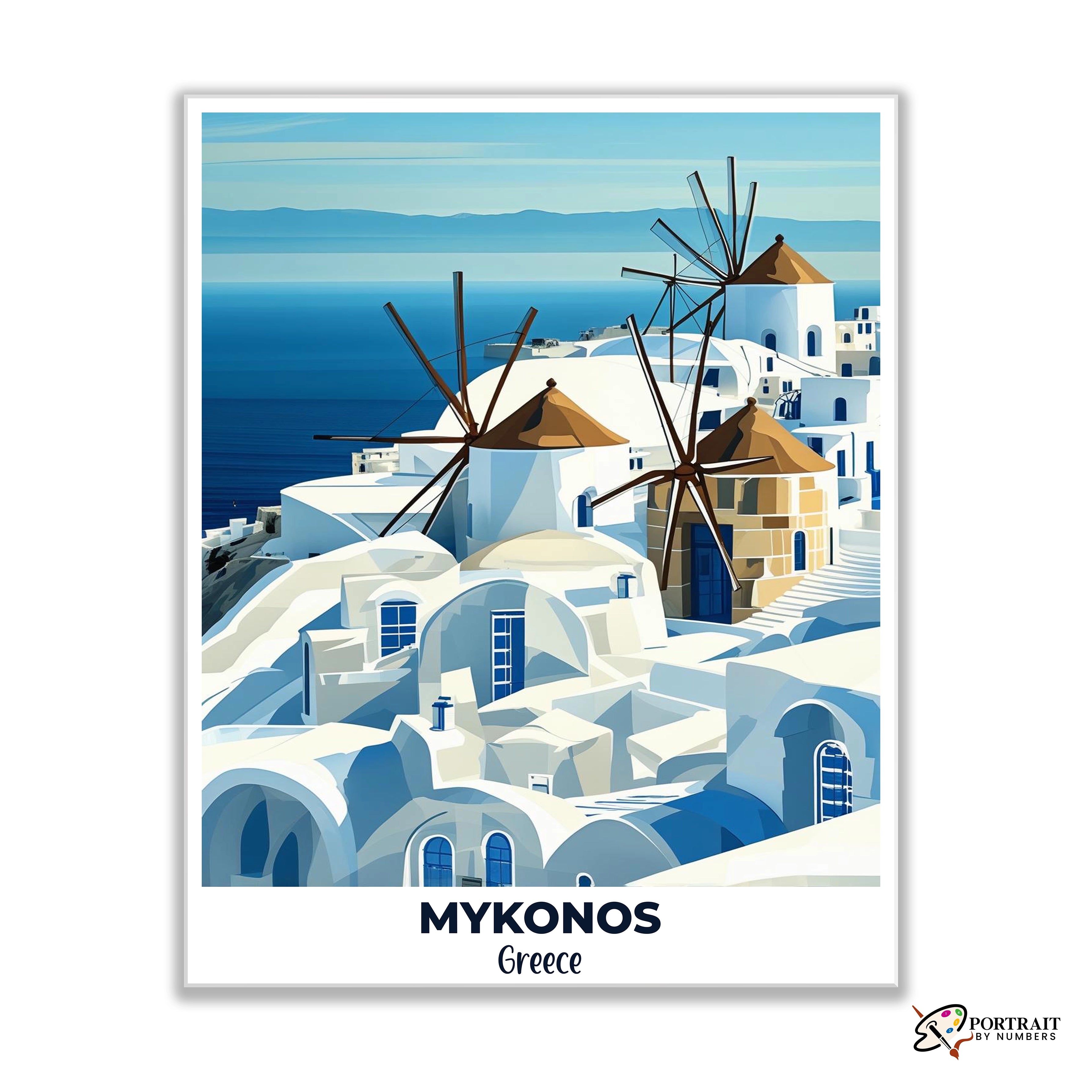 Mykonos Windmills Travel Poster -  Paint by Numbers Kit for Adults -  Portrait By Numbers