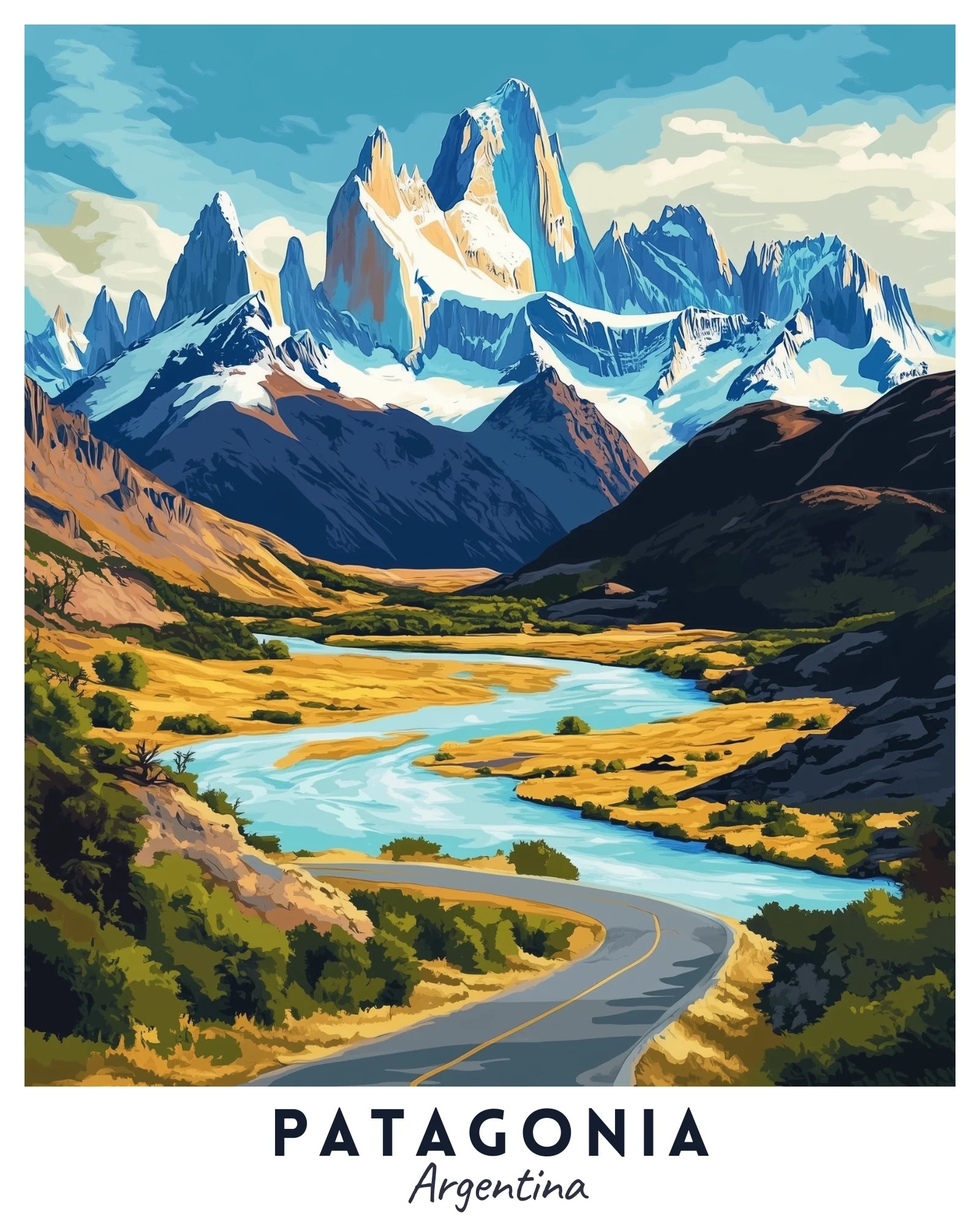 Patagonia - Travel Poster -  Paint by Numbers Kit for Adults -  Portrait By Numbers