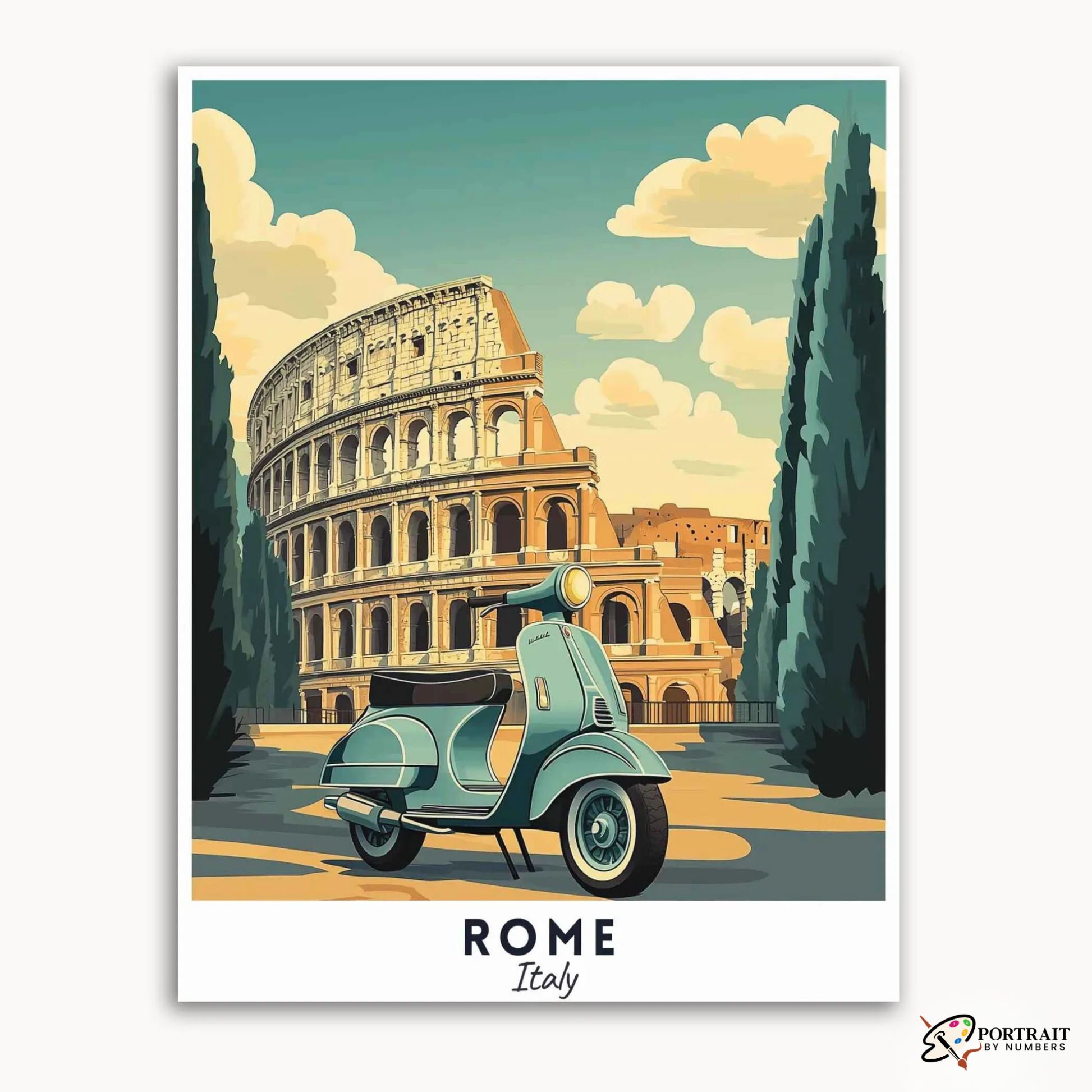 Rome Vespa Travel Poster -  Paint by Numbers Kit for Adults -  Portrait By Numbers