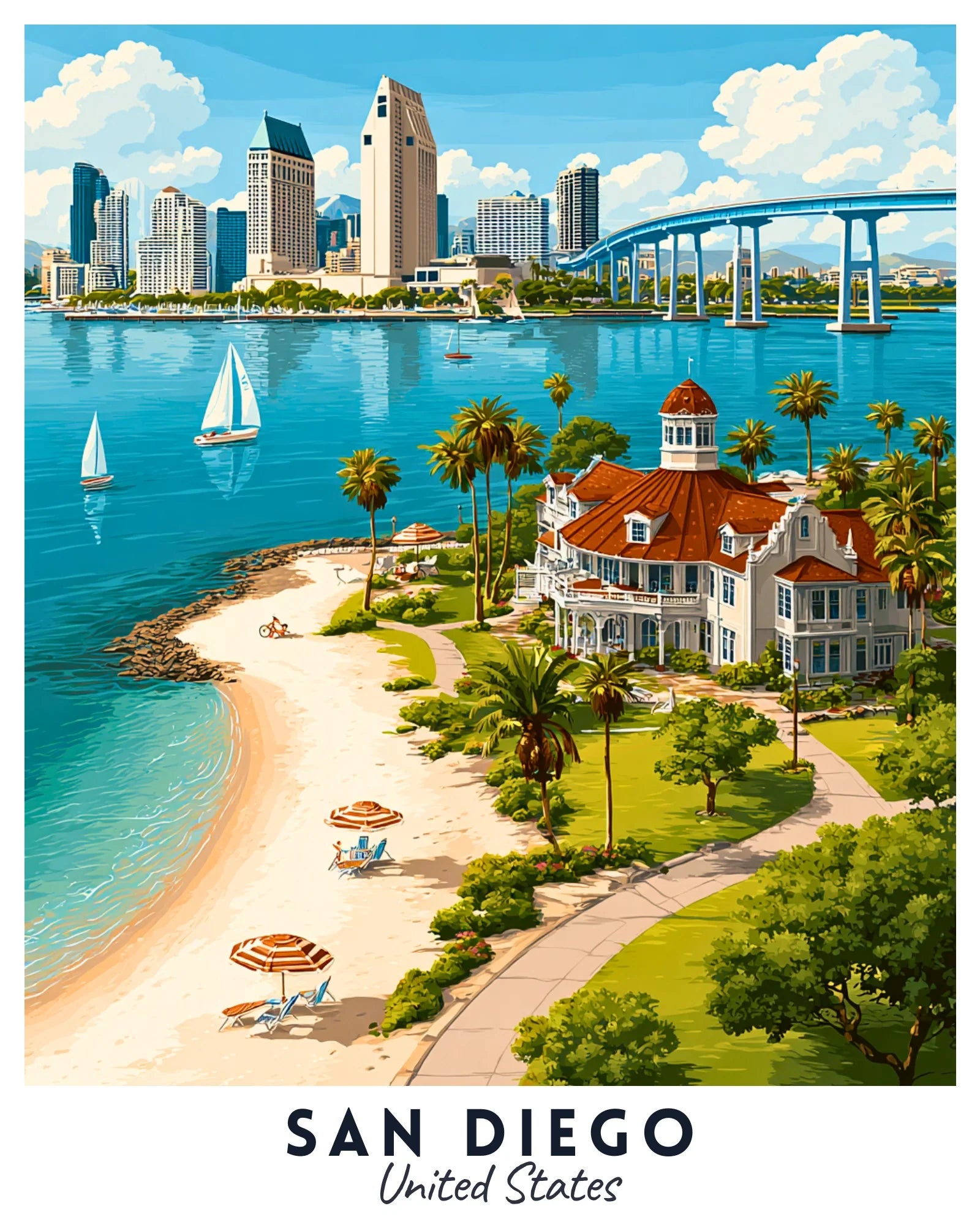 San Diego - Travel Poster -  Paint by Numbers Kit for Adults -  Portrait By Numbers