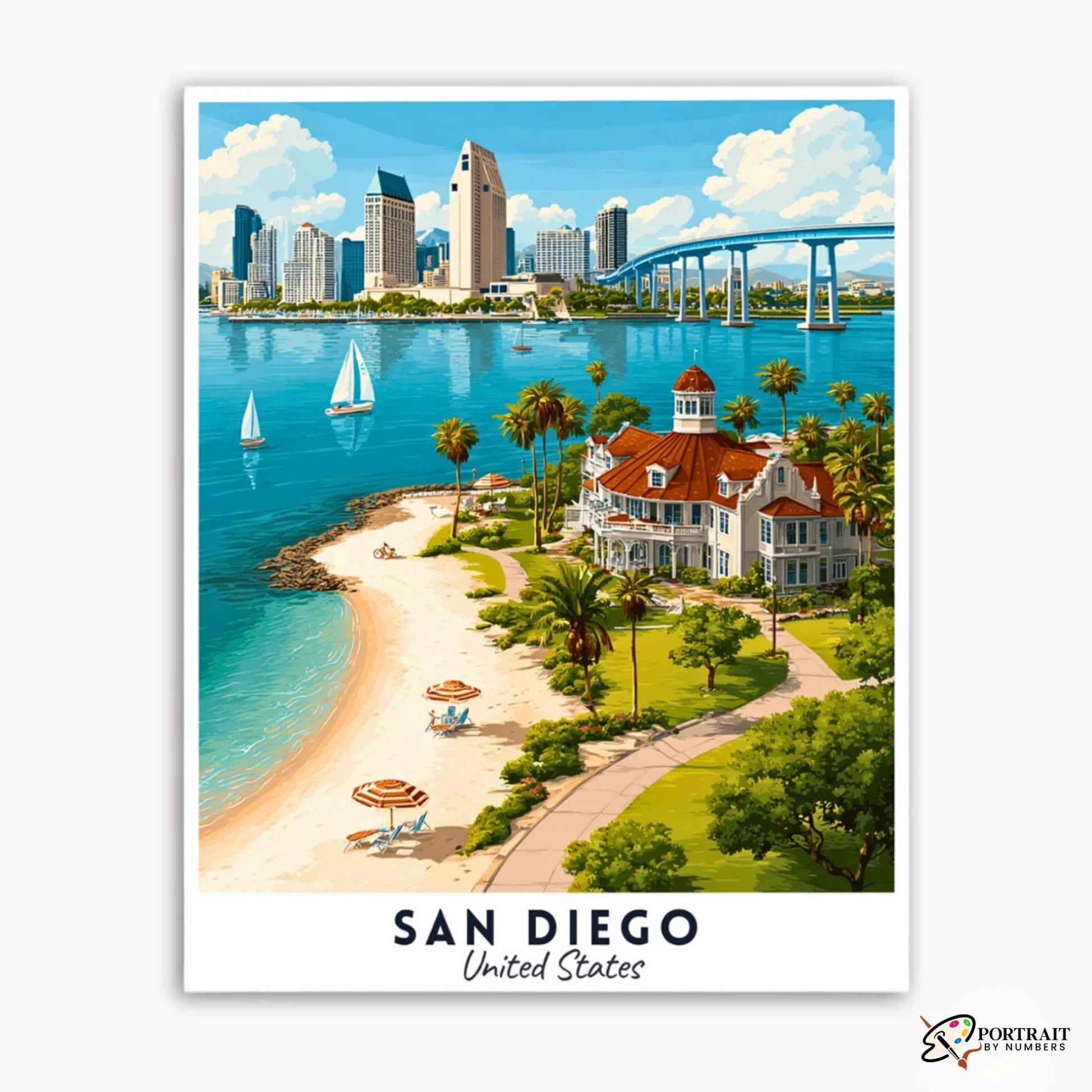 San Diego - Travel Poster -  Paint by Numbers Kit for Adults -  Portrait By Numbers