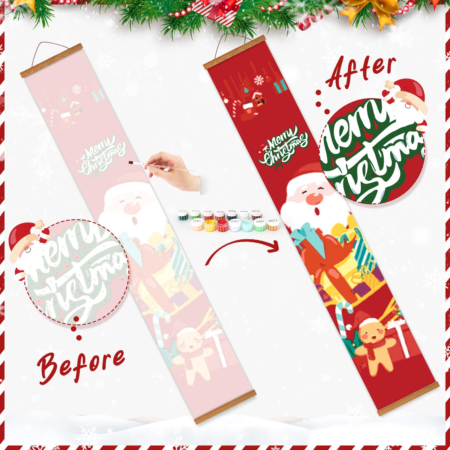 Santa & Snowman Christmas Porch Duo -  Paint by Numbers Kit for Adults -  Portrait By Numbers