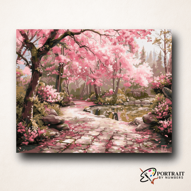 Serene Sakura Stone Path -  Paint by numbers -  Portrait By Numbers