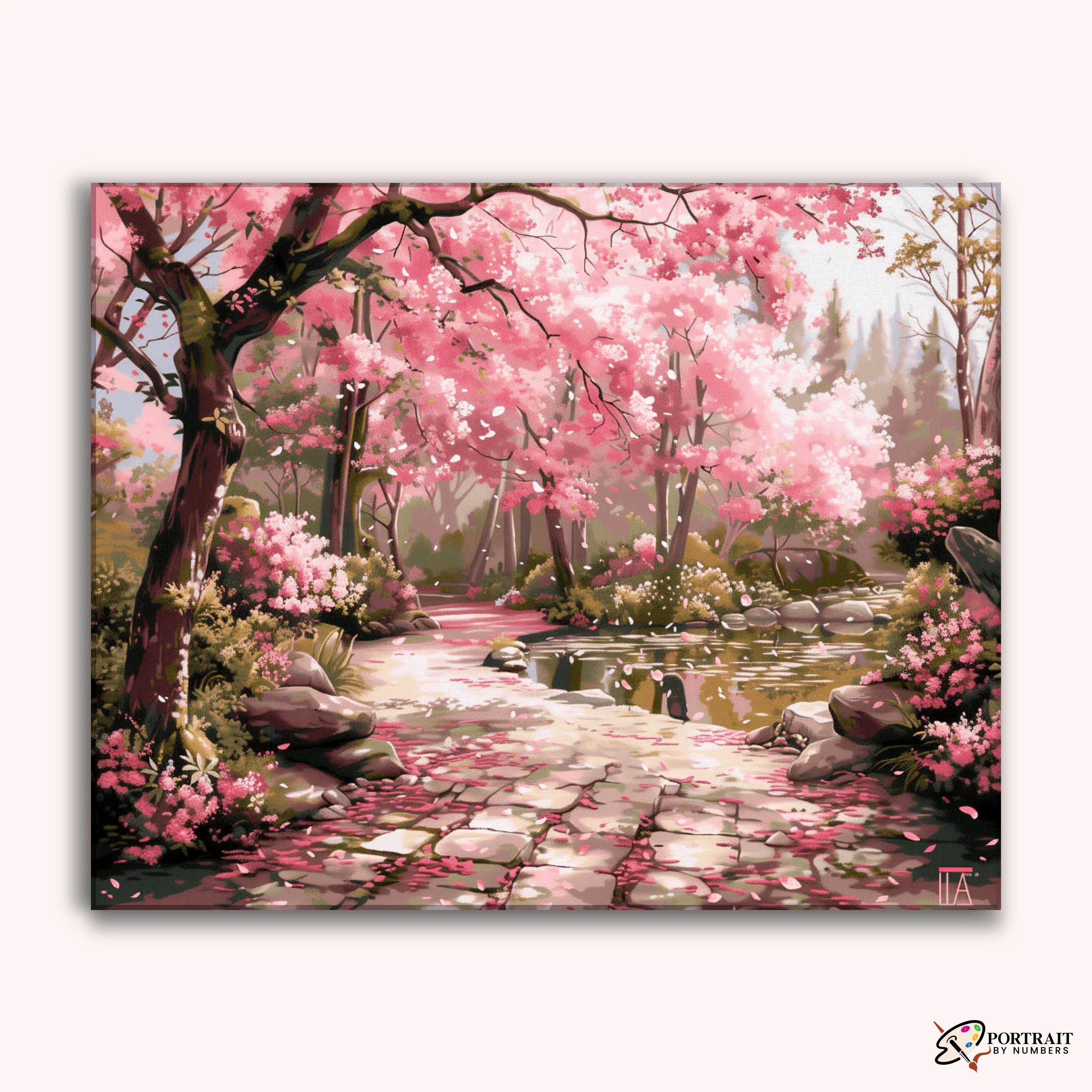 Serene Sakura Stone Path -  Paint by Numbers Kit for Adults -  Portrait By Numbers