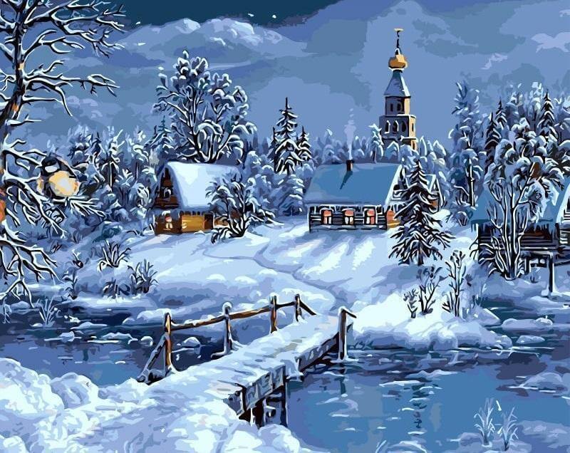 Snowy Night Scenery -  Paint by numbers Kit -  Portrait By Numbers