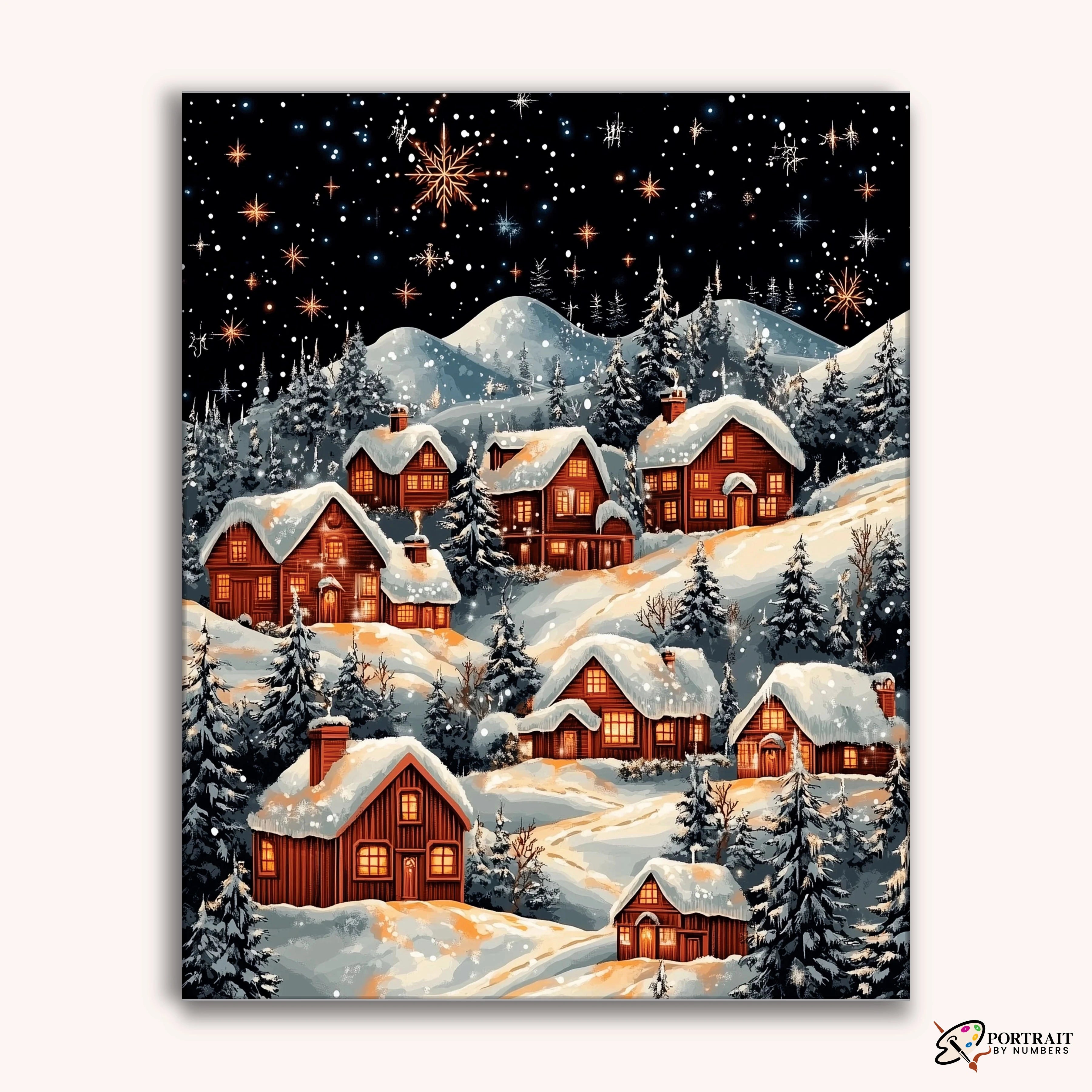 Starlit Winter Village -  Paint by Numbers Kit for Adults -  Portrait By Numbers