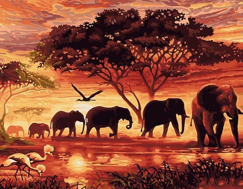 Sunset Elephants -  Paint by numbers -  Portrait By Numbers