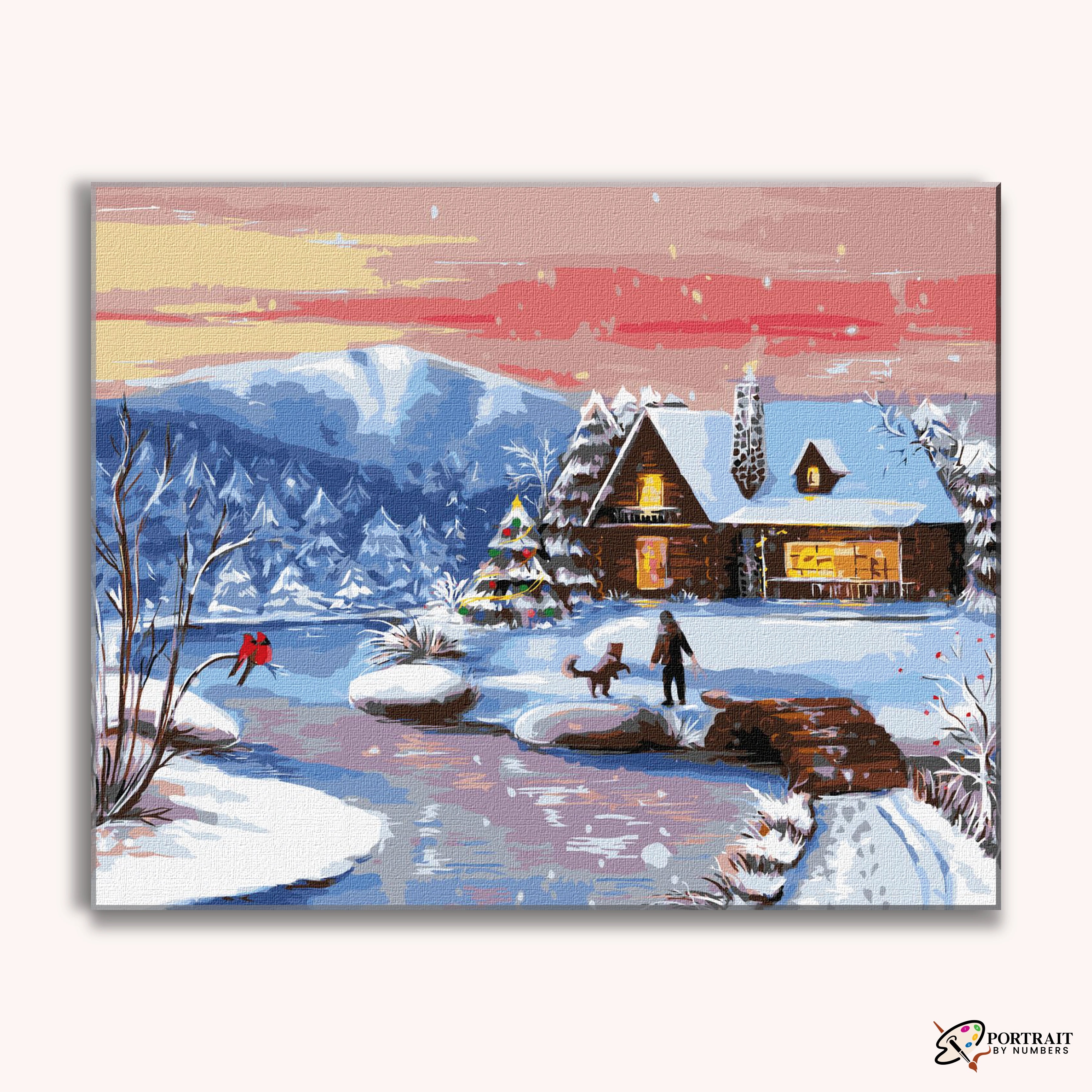 Sunset Glow Winter Cabin -  Paint by Numbers Kit for Adults -  Portrait By Numbers