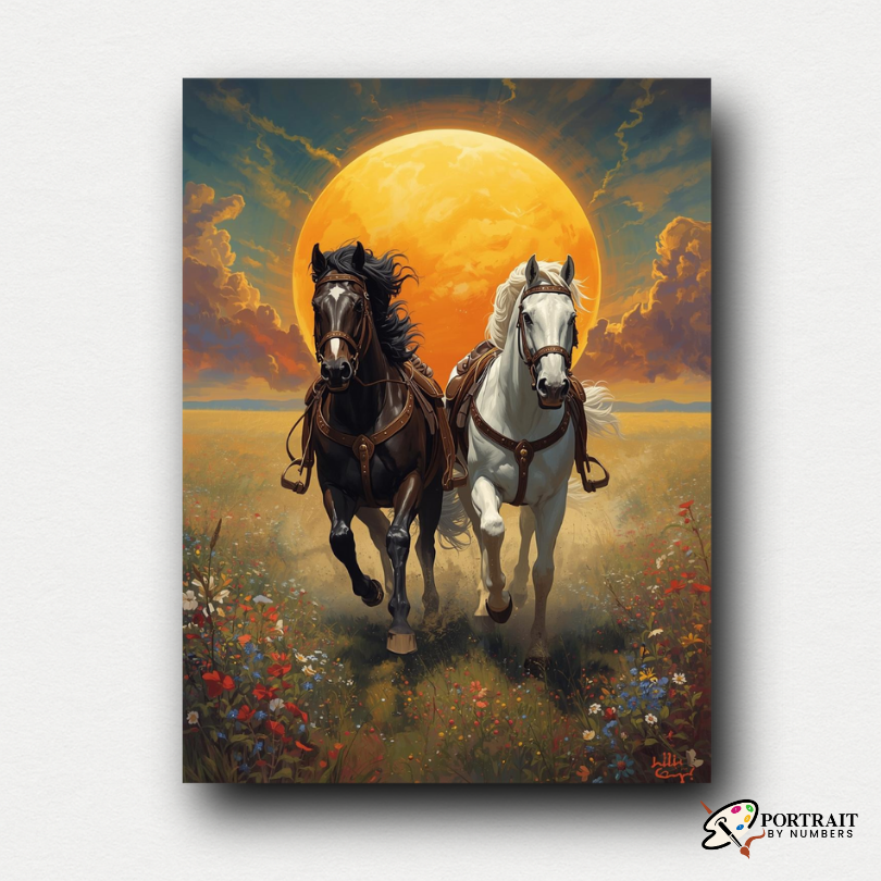 Sunset Stallions -  Paint by Numbers Kit for Adults -  Portrait By Numbers