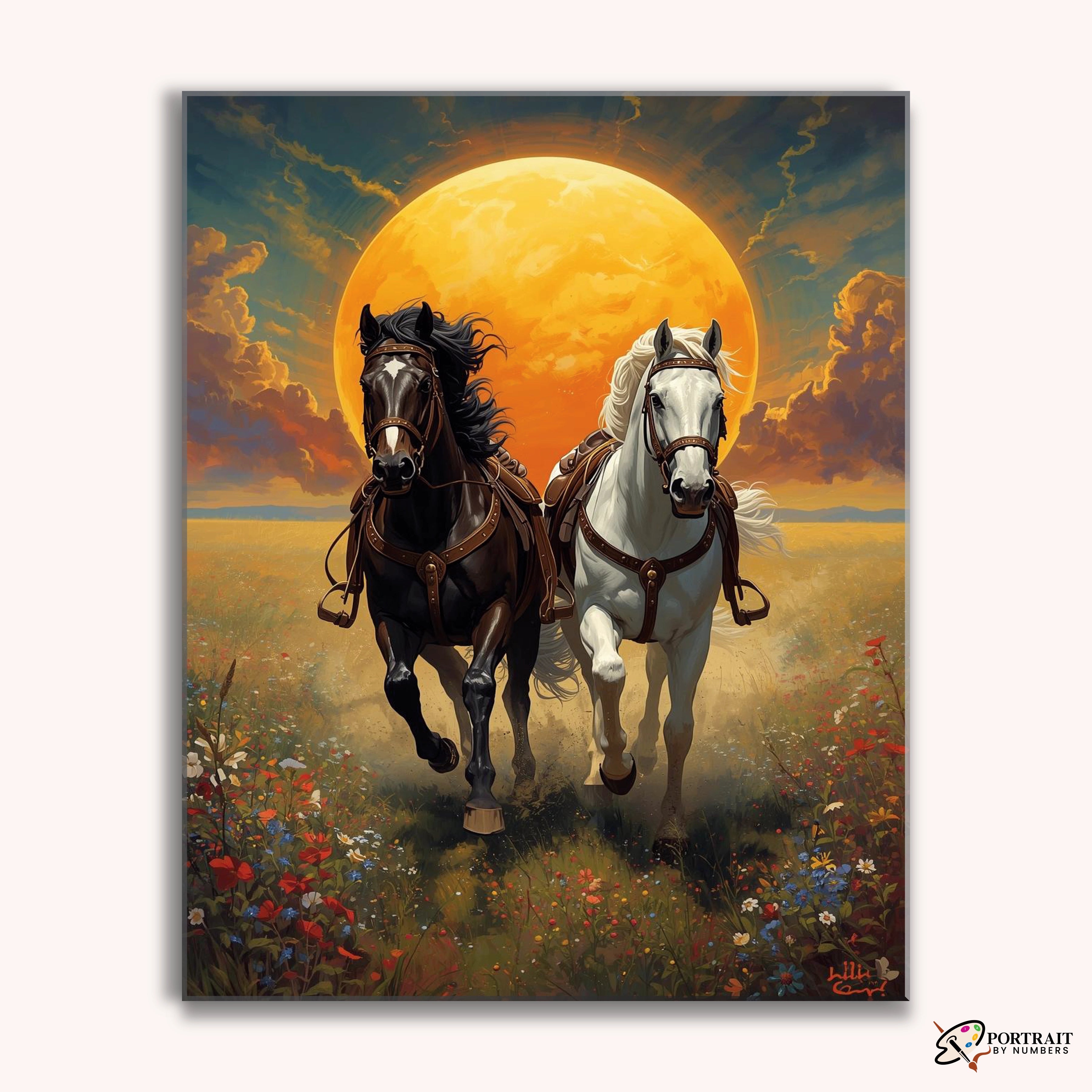 Sunset Stallions -  Paint by Numbers Kit for Adults -  Portrait By Numbers