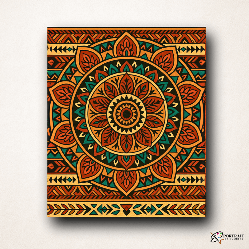 Tribal Sun Mandala Paint by Numbers Kit featuring vibrant colors for creative relaxation.