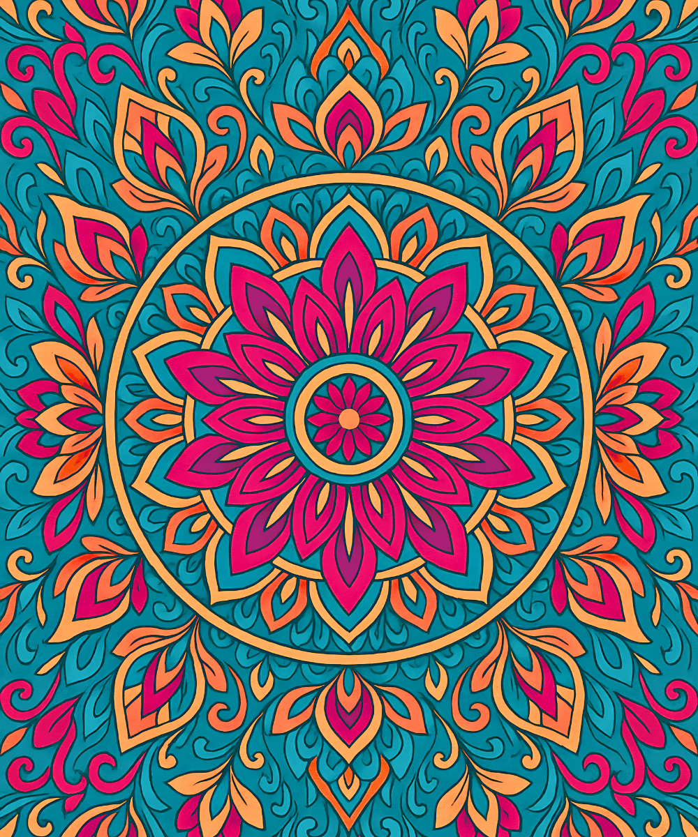 Vibrant Tropic Fire mandala design with bold pink, orange, and teal colors for a creative paint by numbers project.