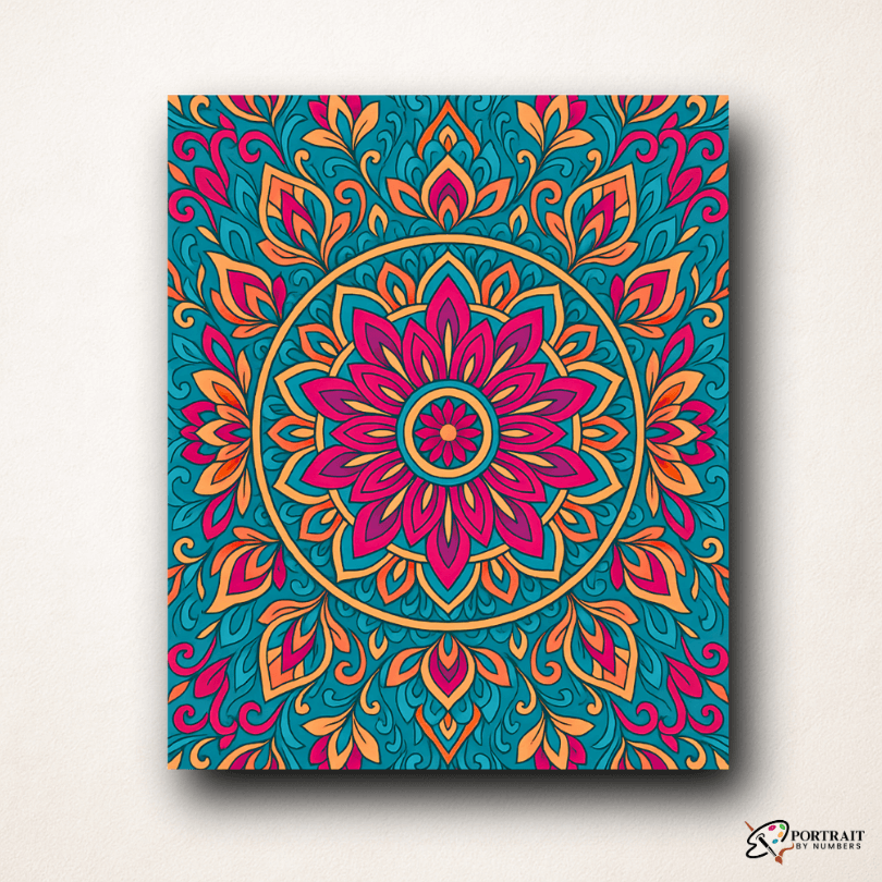 Vibrant Tropic Fire Mandala Paint by Numbers Kit featuring fiery reds, oranges, and greens for creative relaxation.