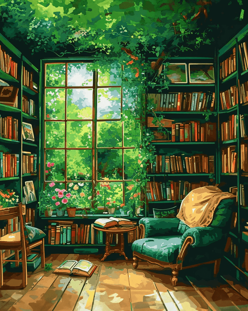 Verdant Book Nook -  Paint by numbers -  Portrait By Numbers
