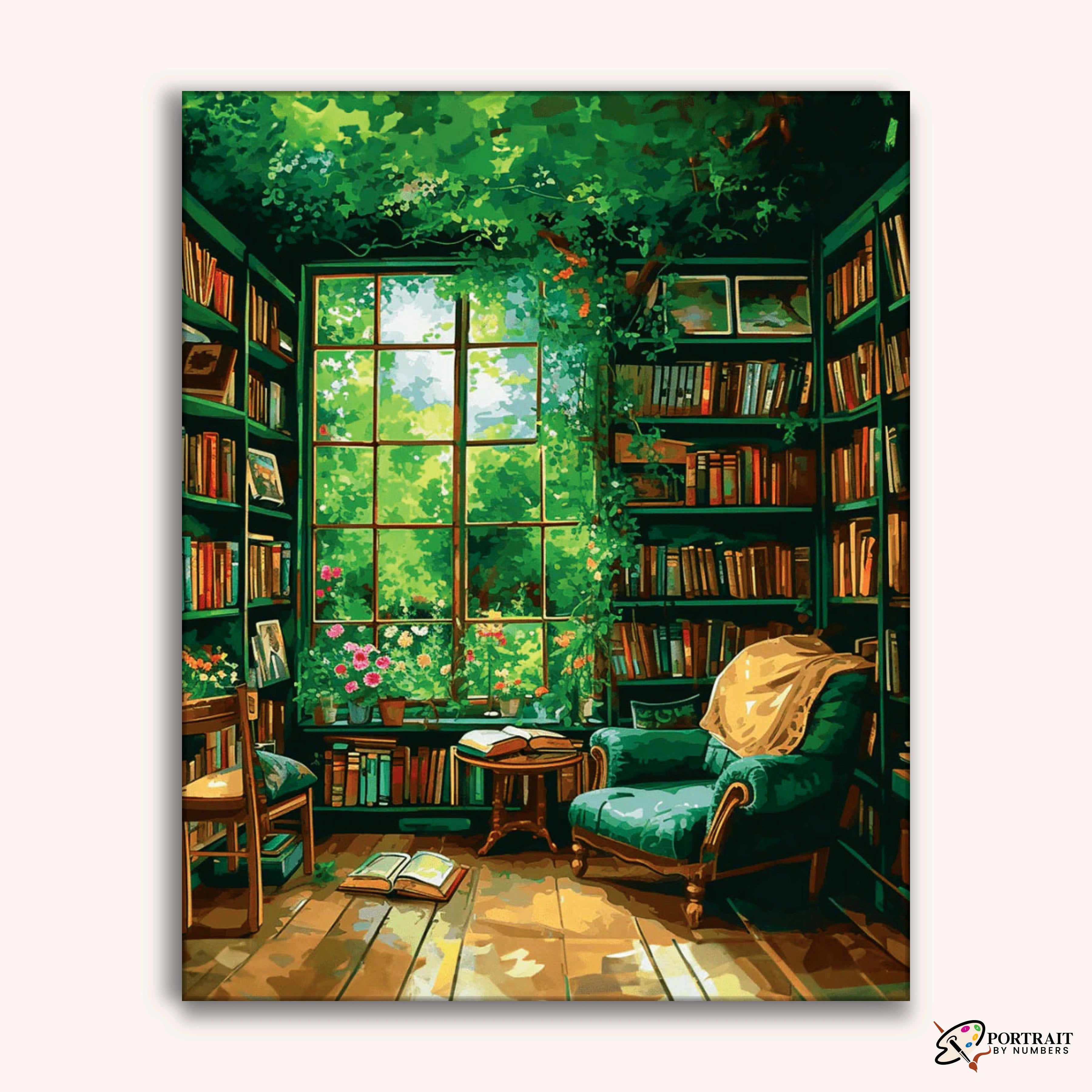 Verdant Book Nook -  Paint by Numbers Kit for Adults -  Portrait By Numbers