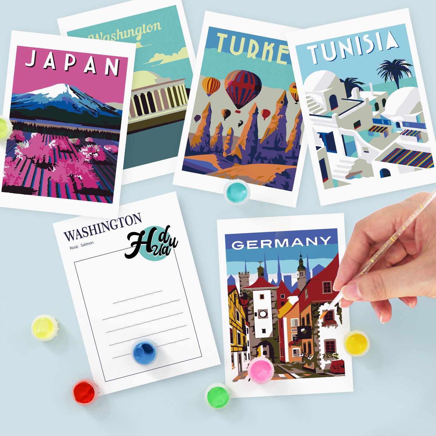 Wanderlust Travel Poster Cards Set -  Paint by Numbers Kit for Adults -  Portrait By Numbers