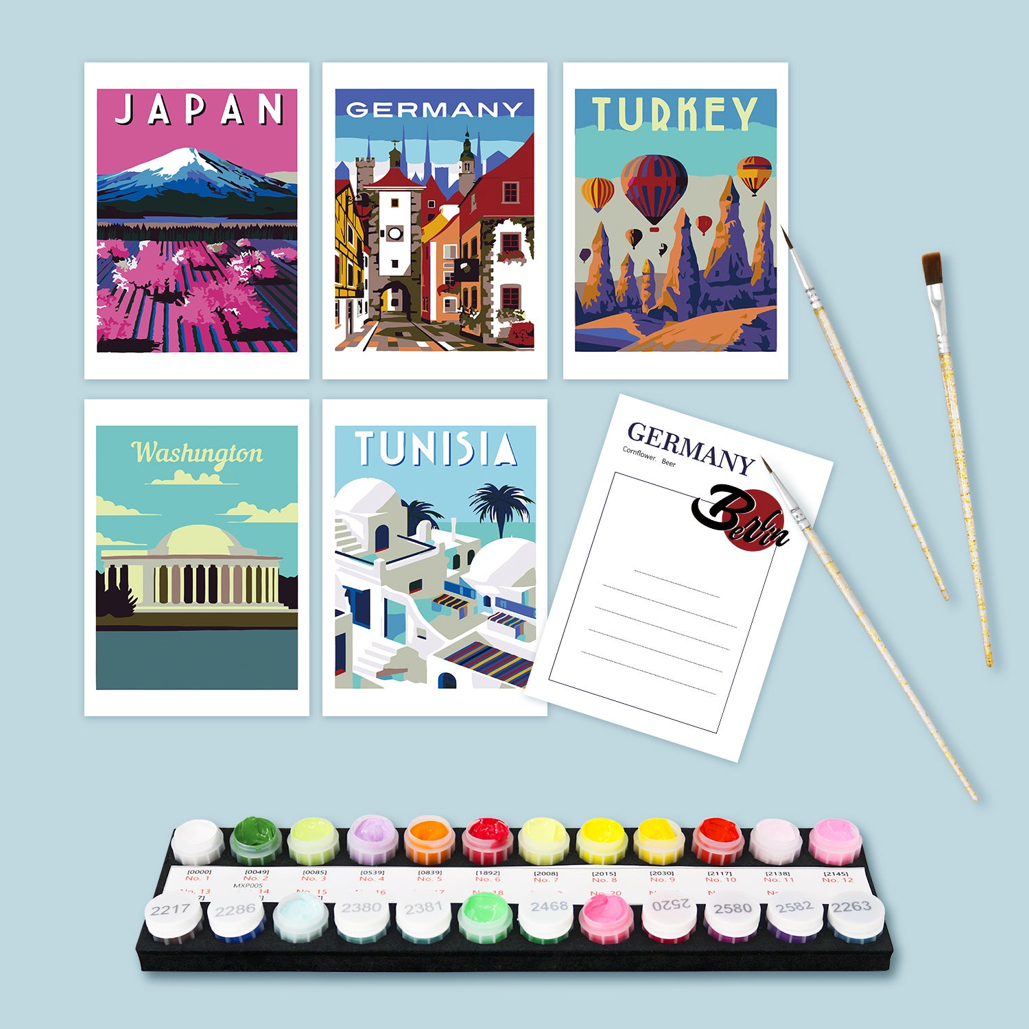 Wanderlust Travel Poster Cards Set -  Paint by Numbers Kit for Adults -  Portrait By Numbers