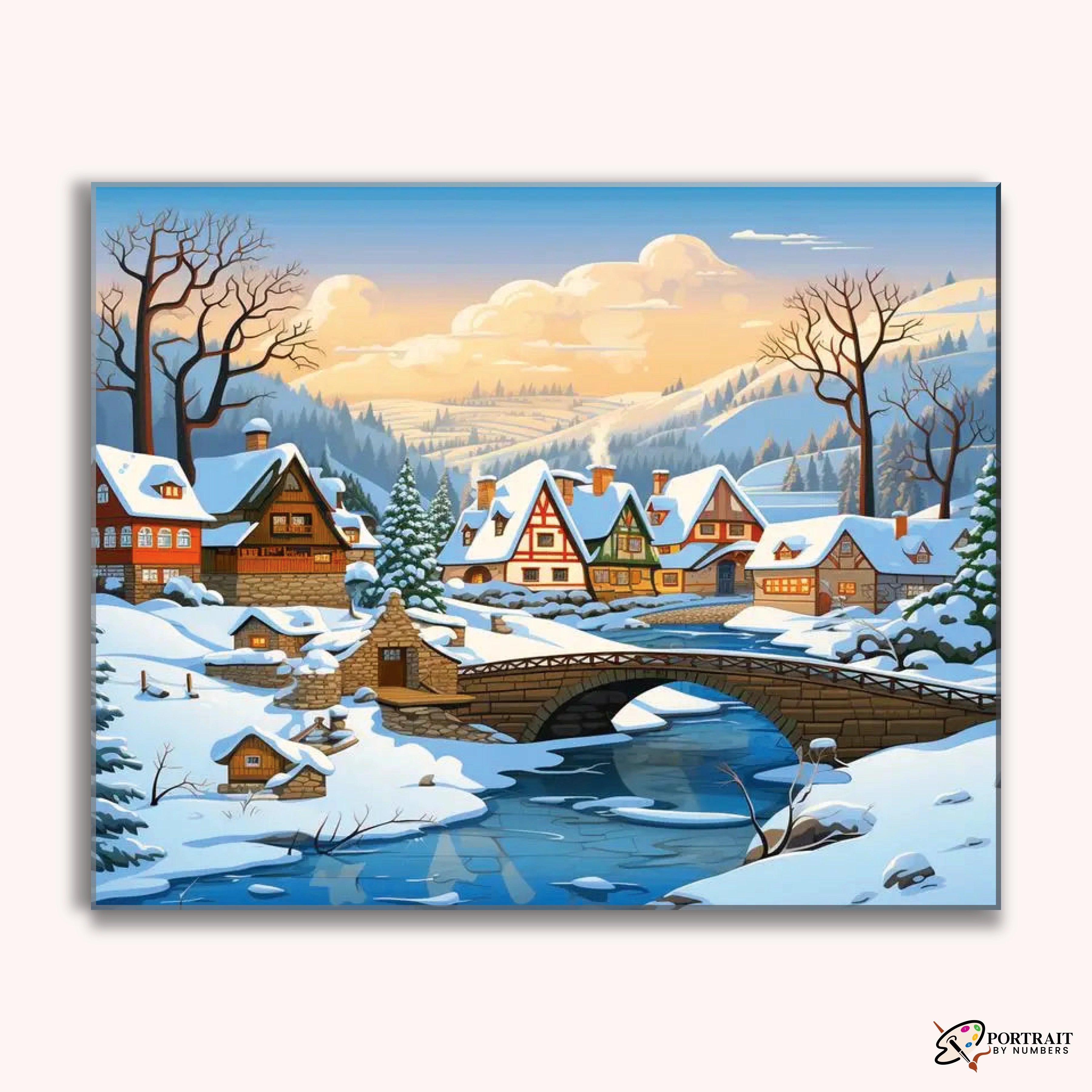 Winter Bridge Village -  Paint by Numbers Kit for Adults -  Portrait By Numbers