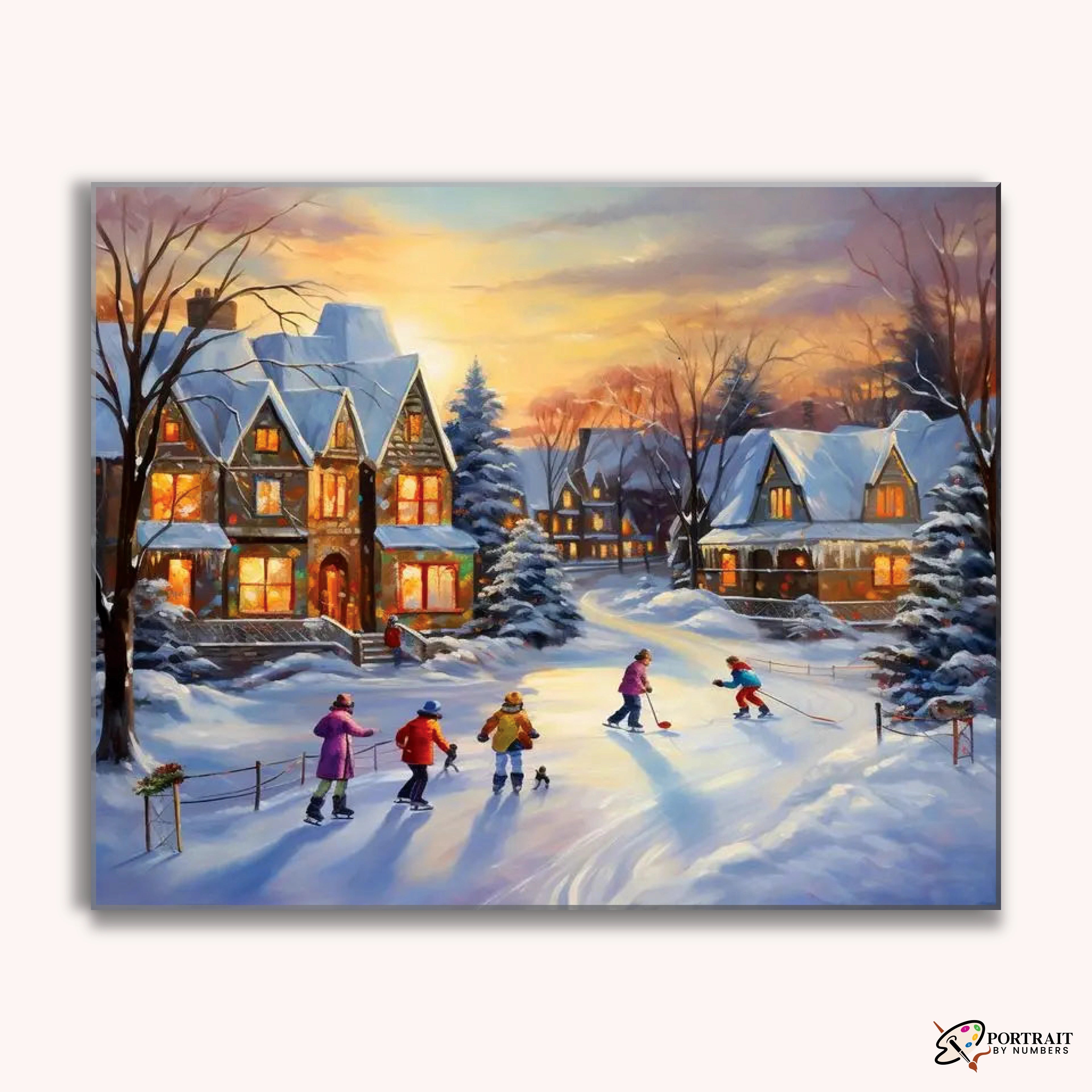 Winter Skating Village -  Paint by Numbers Kit for Adults -  Portrait By Numbers
