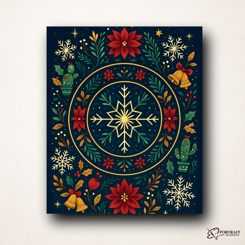 Winter Wishes Mandala Paint by Numbers kit featuring festive designs, including snowflakes and flowers.