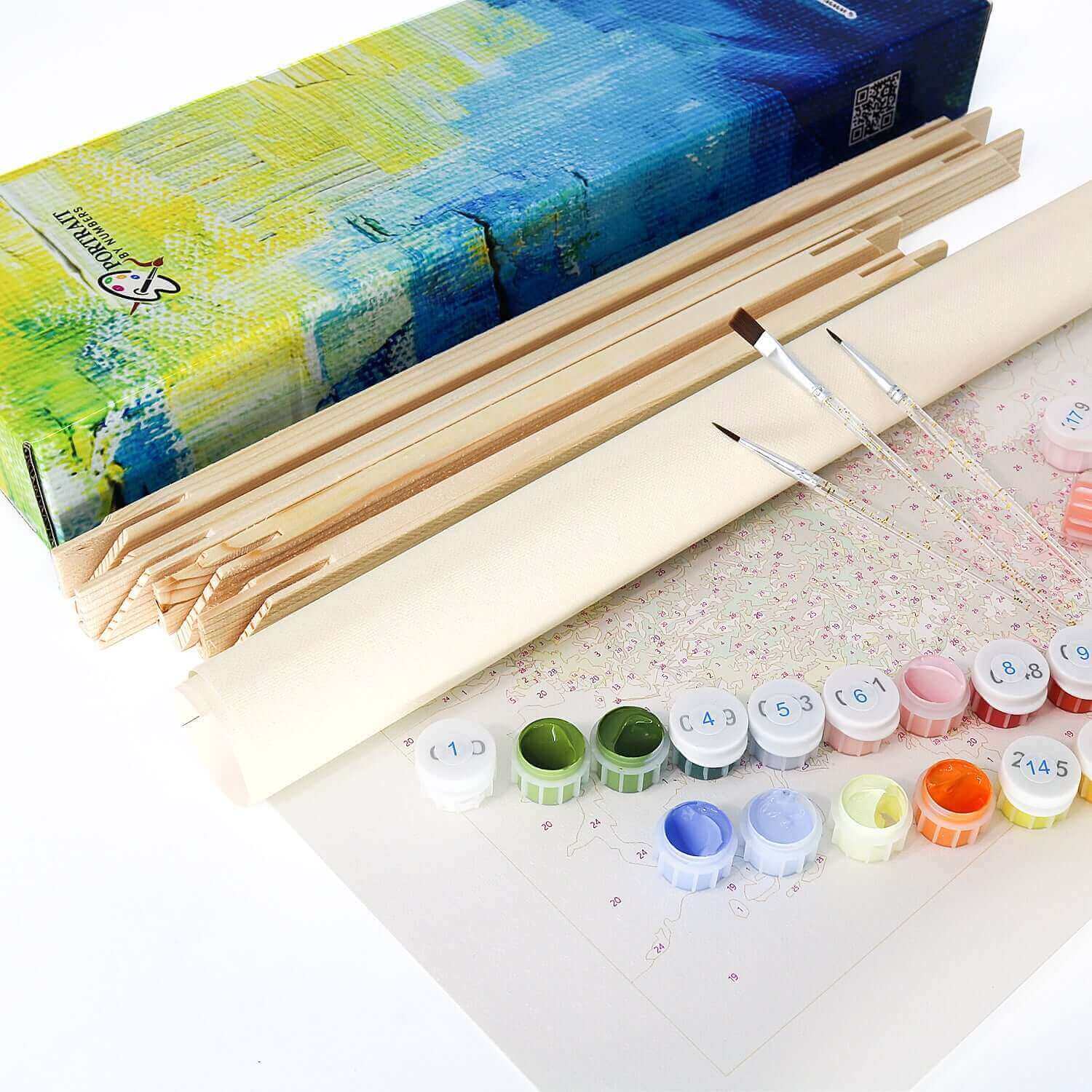 Autumn Whisper paint by numbers kit with brushes, canvas, and paint pots for artistic fun.