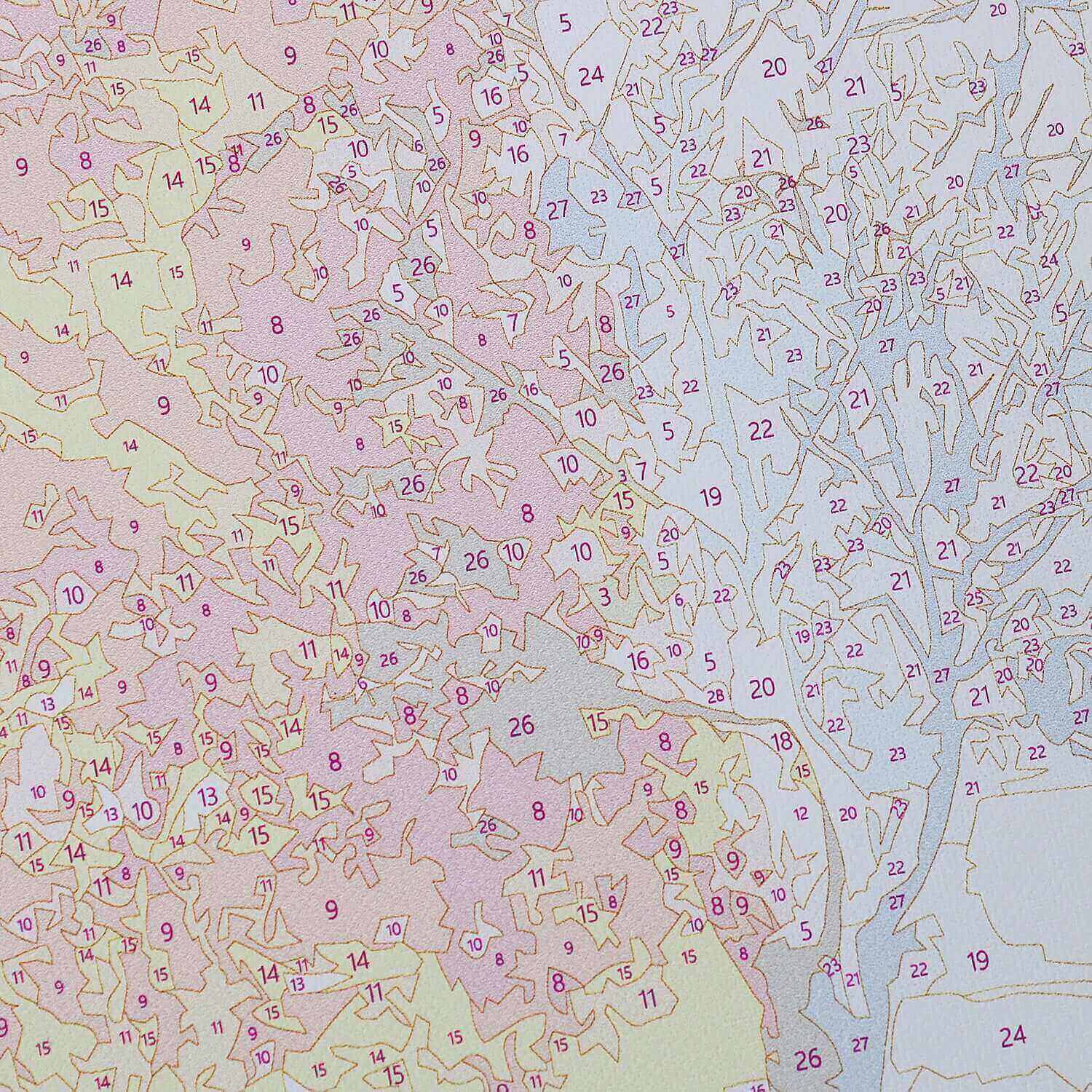 Close-up of a paint by numbers kit outline, showing color-coded areas and numbers for painting.