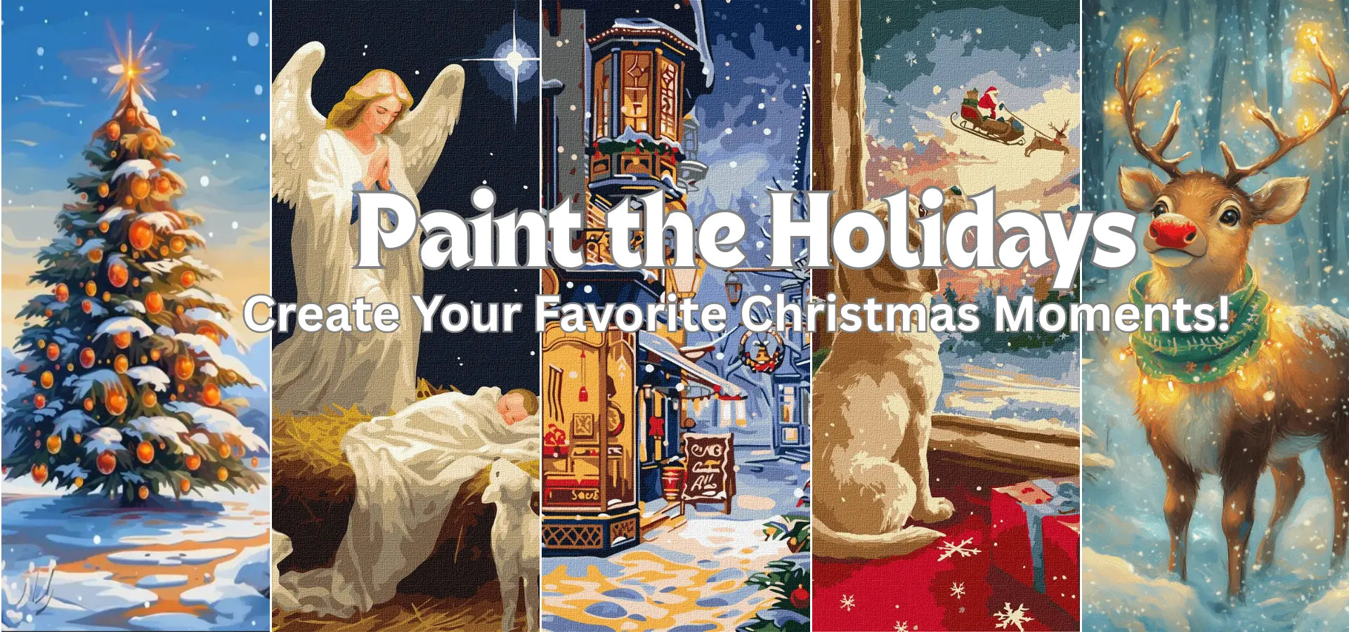 Portrait by Numbers Christmas paint-by-numbers collection banner featuring festive holiday designs and adult painting kits.